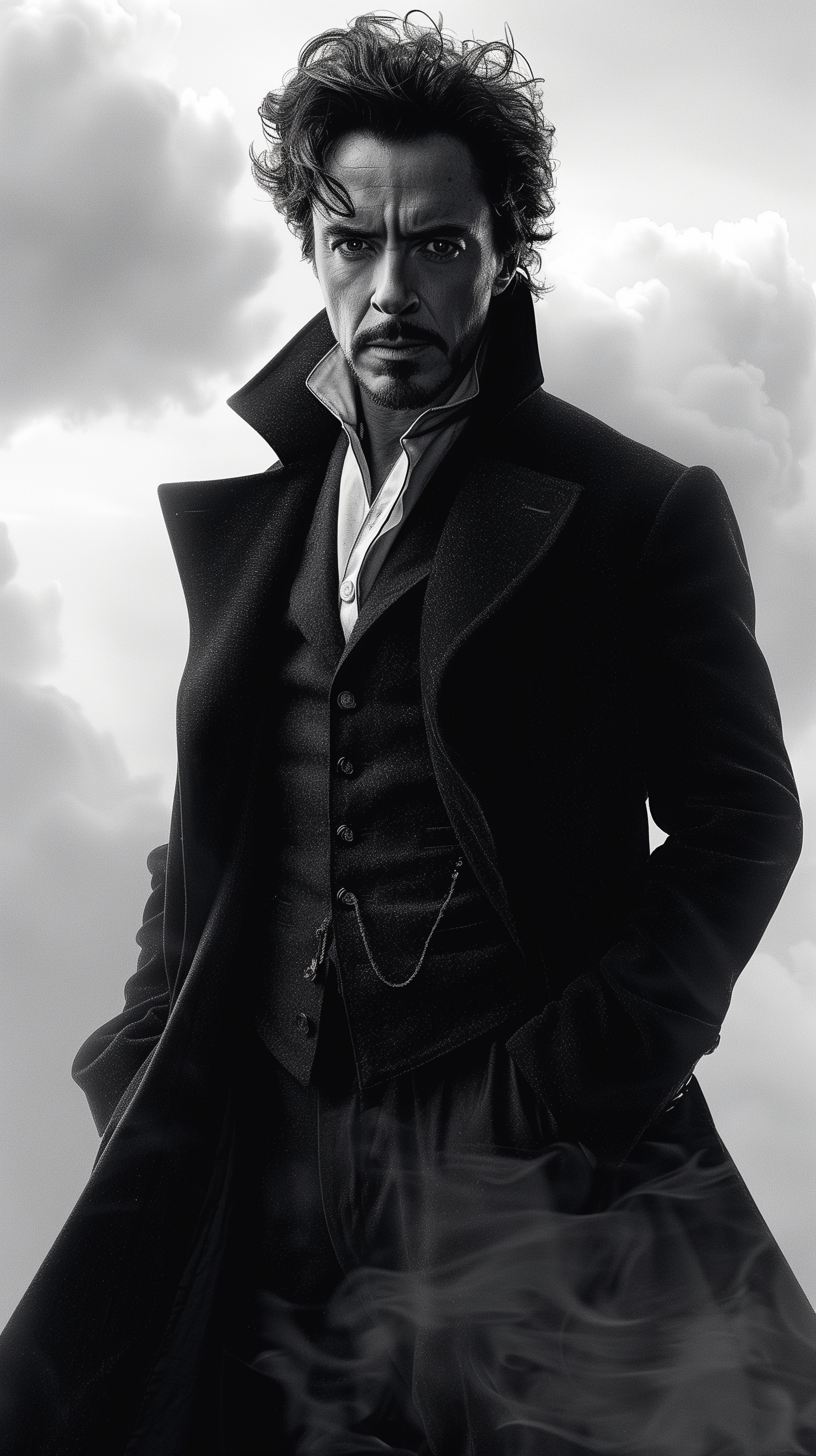 Dramatic black and white Sherlock Holmes themed phone wallpaper featuring a mysterious figure in classic detective attire against a cloudy backdrop.