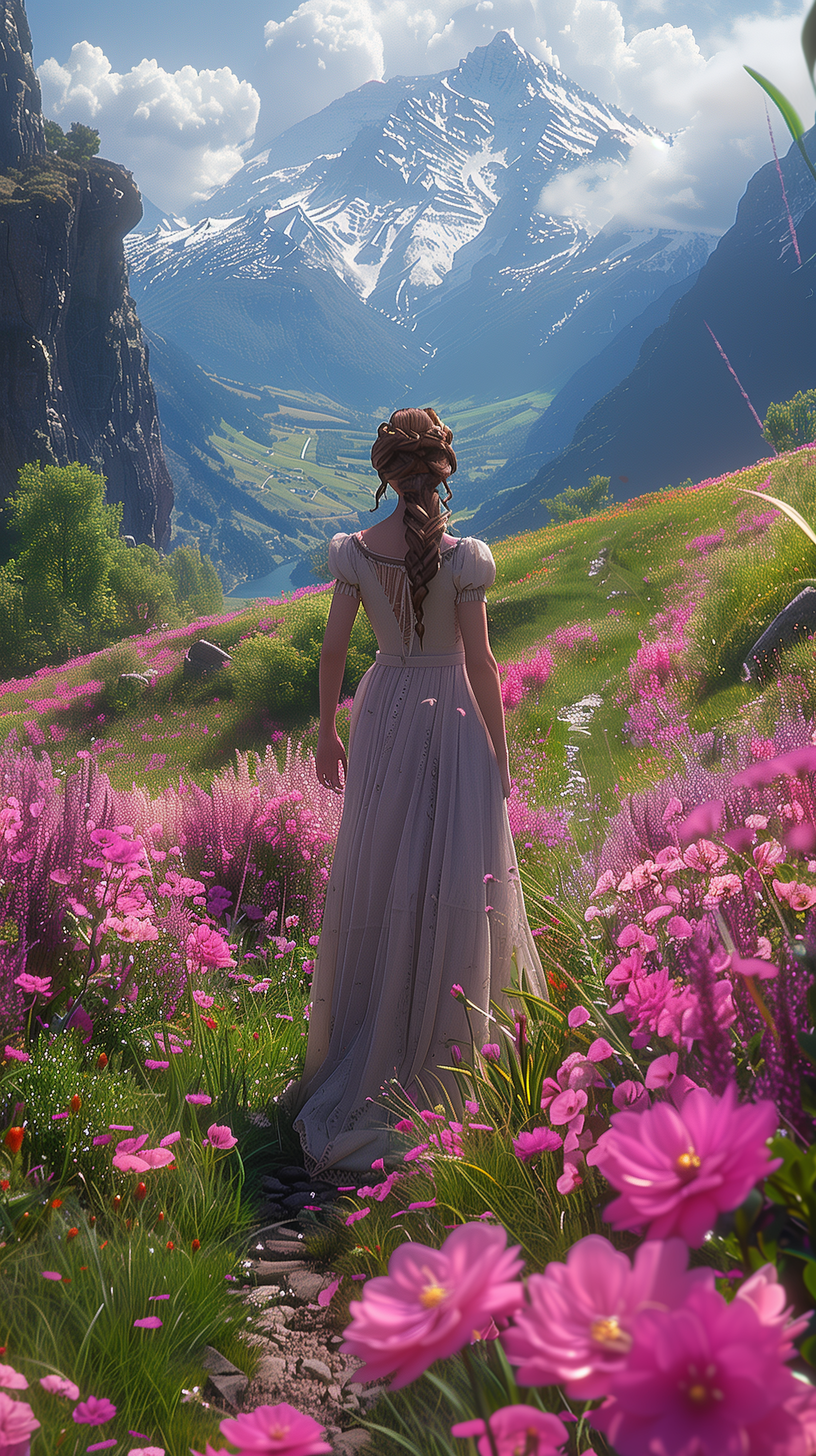 A serene phone wallpaper featuring a figure in a flowing purple dress strolling through a vibrant field of flowers, with majestic mountains in the background under a bright sky.