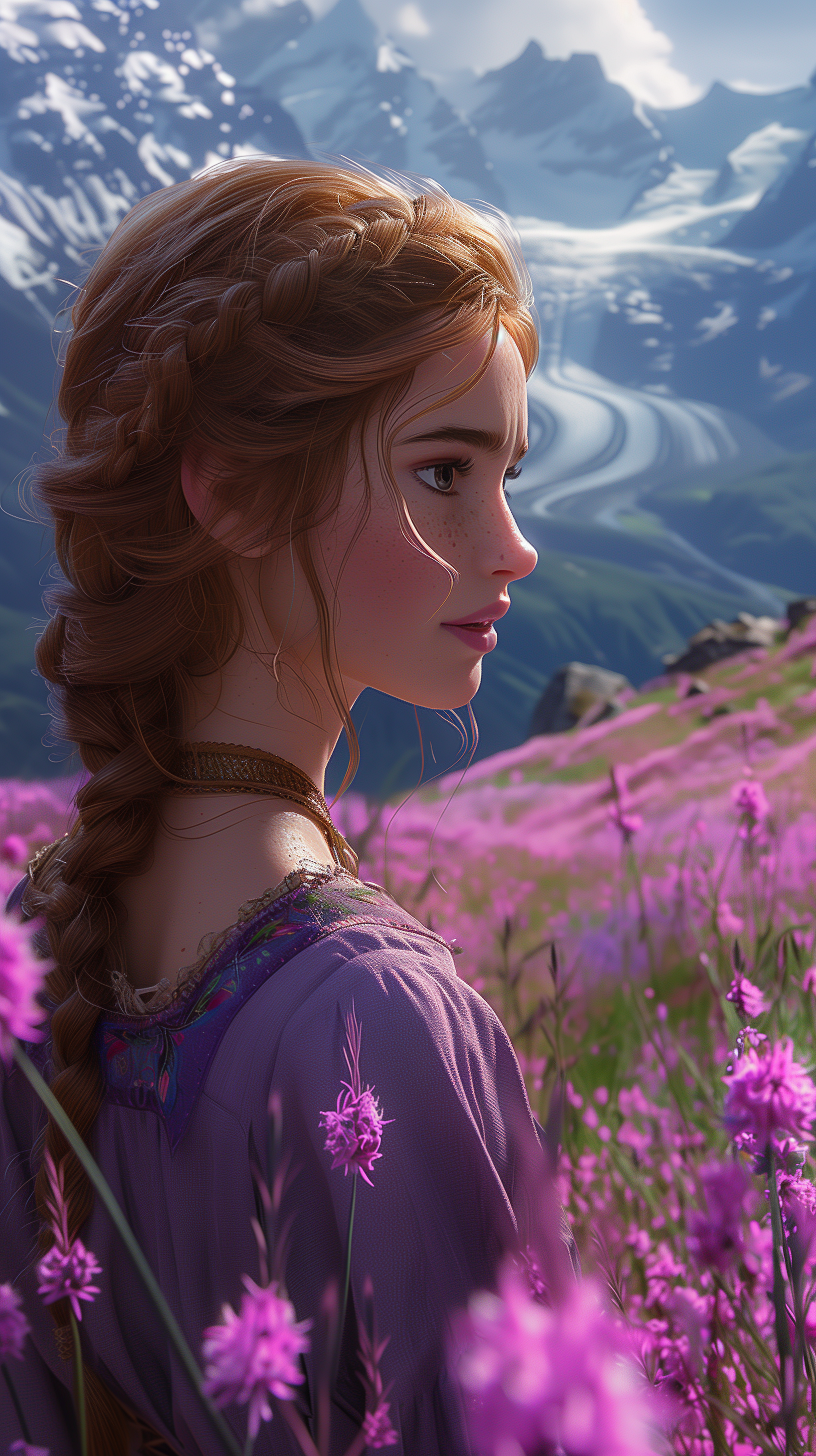 Woman in a purple dress amidst pink wildflowers with a mountainous backdrop for a phone wallpaper.