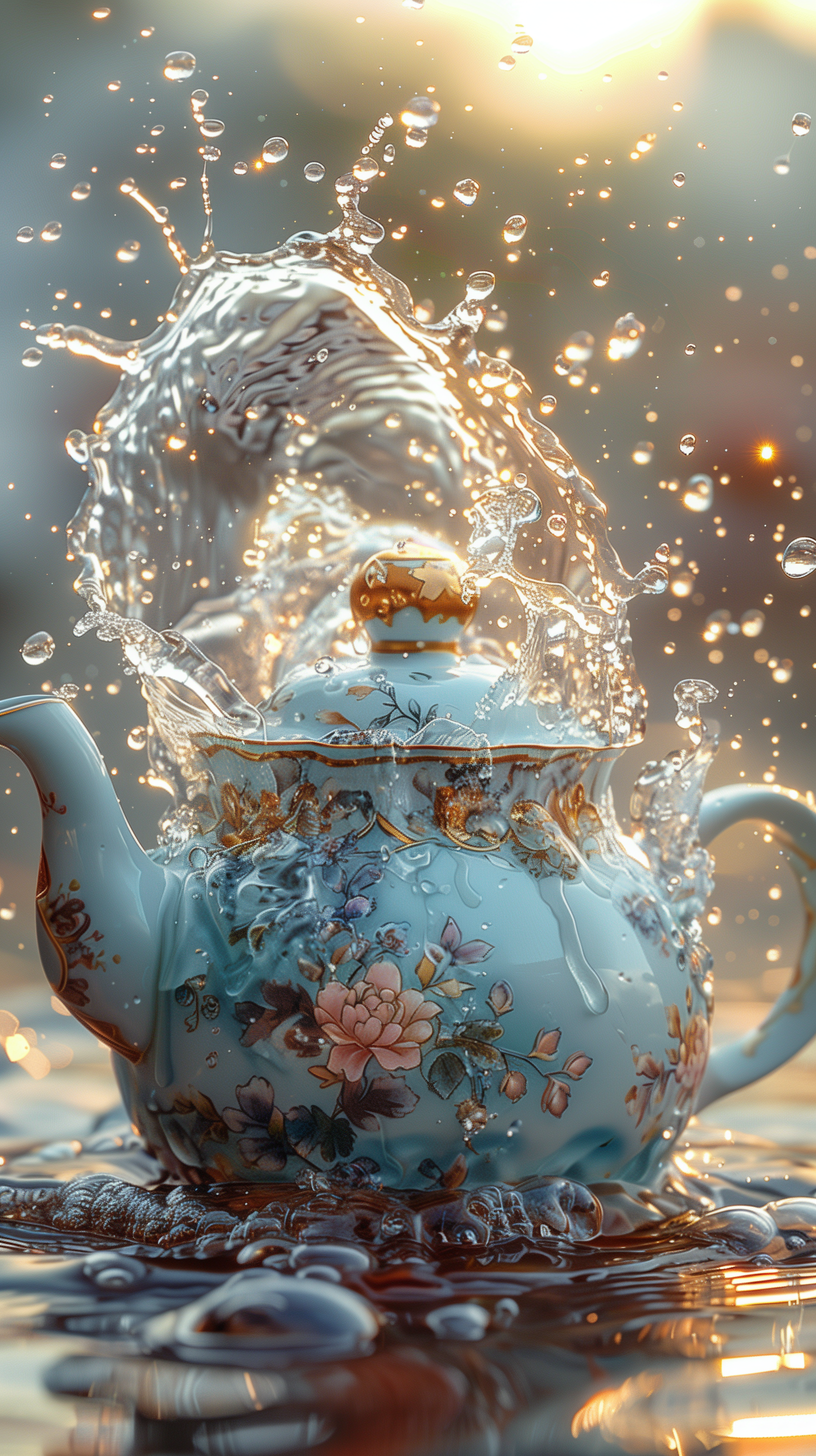 A beautifully detailed blue teapot surrounded by splashing water, captured in a stunning moment, serves as an eye-catching phone wallpaper.