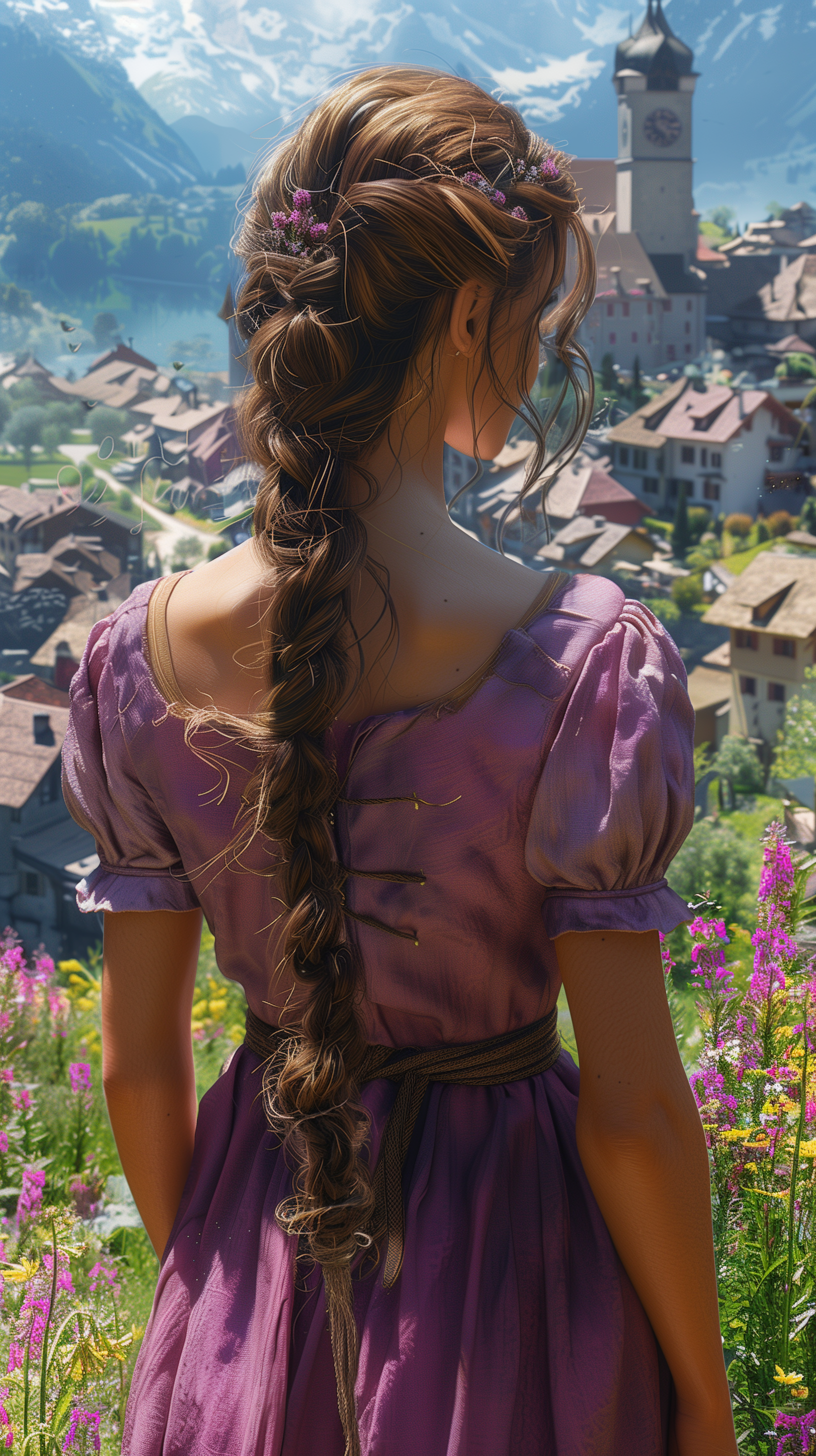 Woman in purple dress overlooking mountain village - picturesque phone wallpaper.