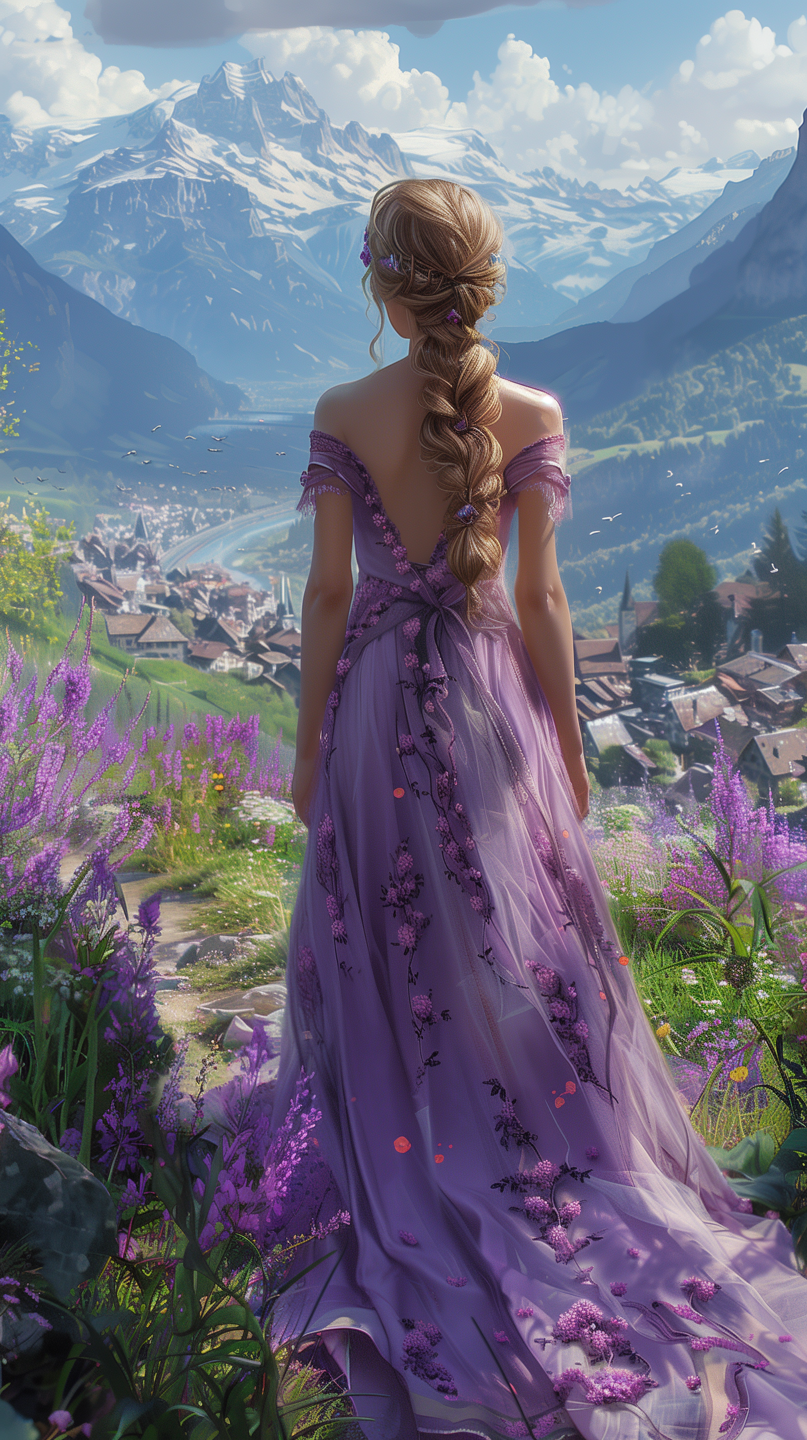 A woman in a flowing purple dress stands amidst vibrant flowers, gazing at a picturesque valley and mountains, creating a serene phone wallpaper scene.