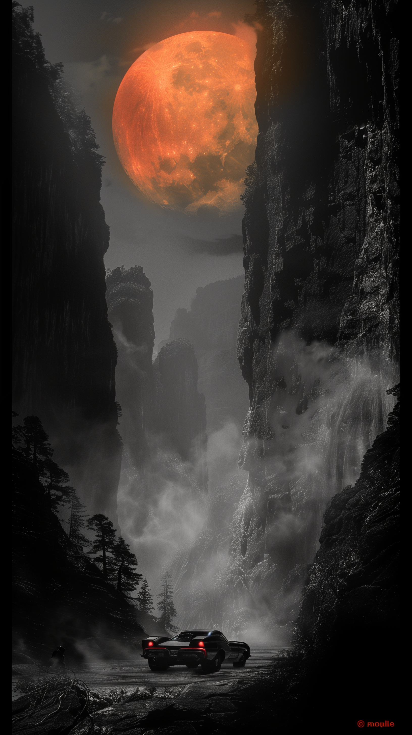Phone wallpaper featuring the Batmobile in a dramatic canyon under a massive red moon.