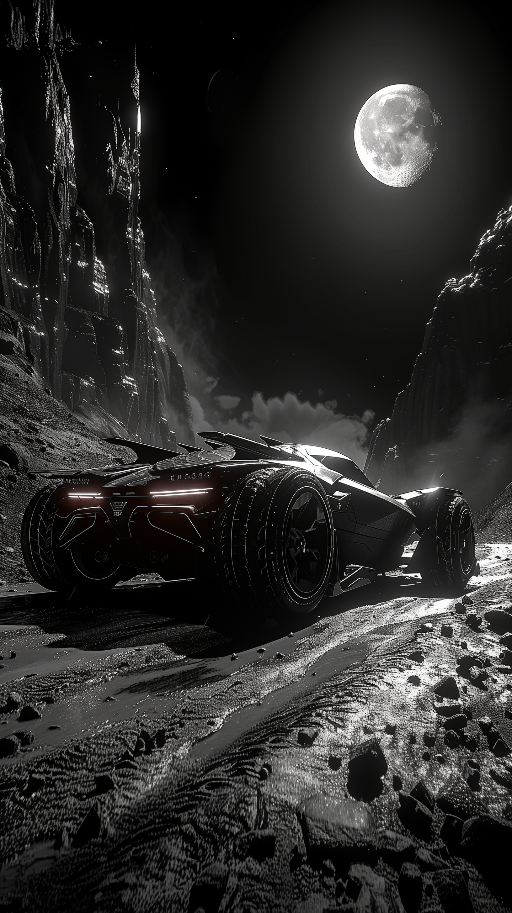 A striking black-and-white phone wallpaper featuring the Batmobile set against a moonlit landscape, highlighting its dynamic design and the surrounding rocky terrain.