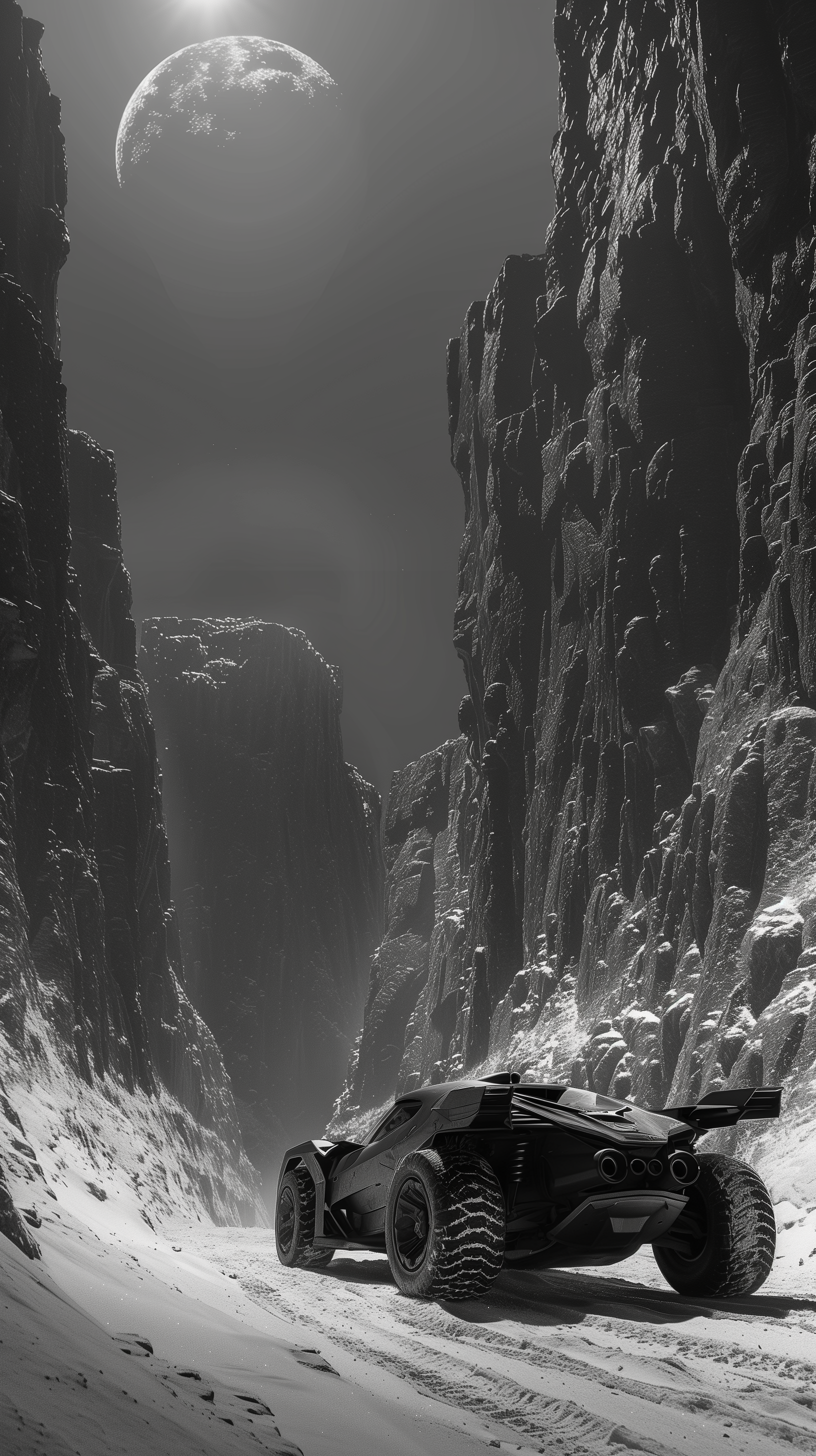 A sleek, black Batmobile is parked in a snowy canyon under a full moon, creating a dramatic phone wallpaper with a sense of adventure and mystery.