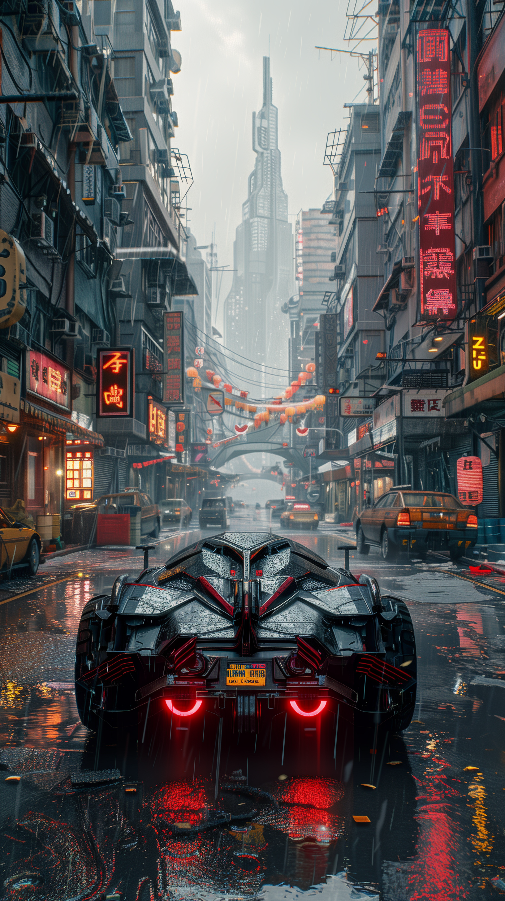 A stunning phone wallpaper featuring the Batmobile parked in a neon-lit, rain-soaked street, surrounded by towering buildings and vibrant signage.