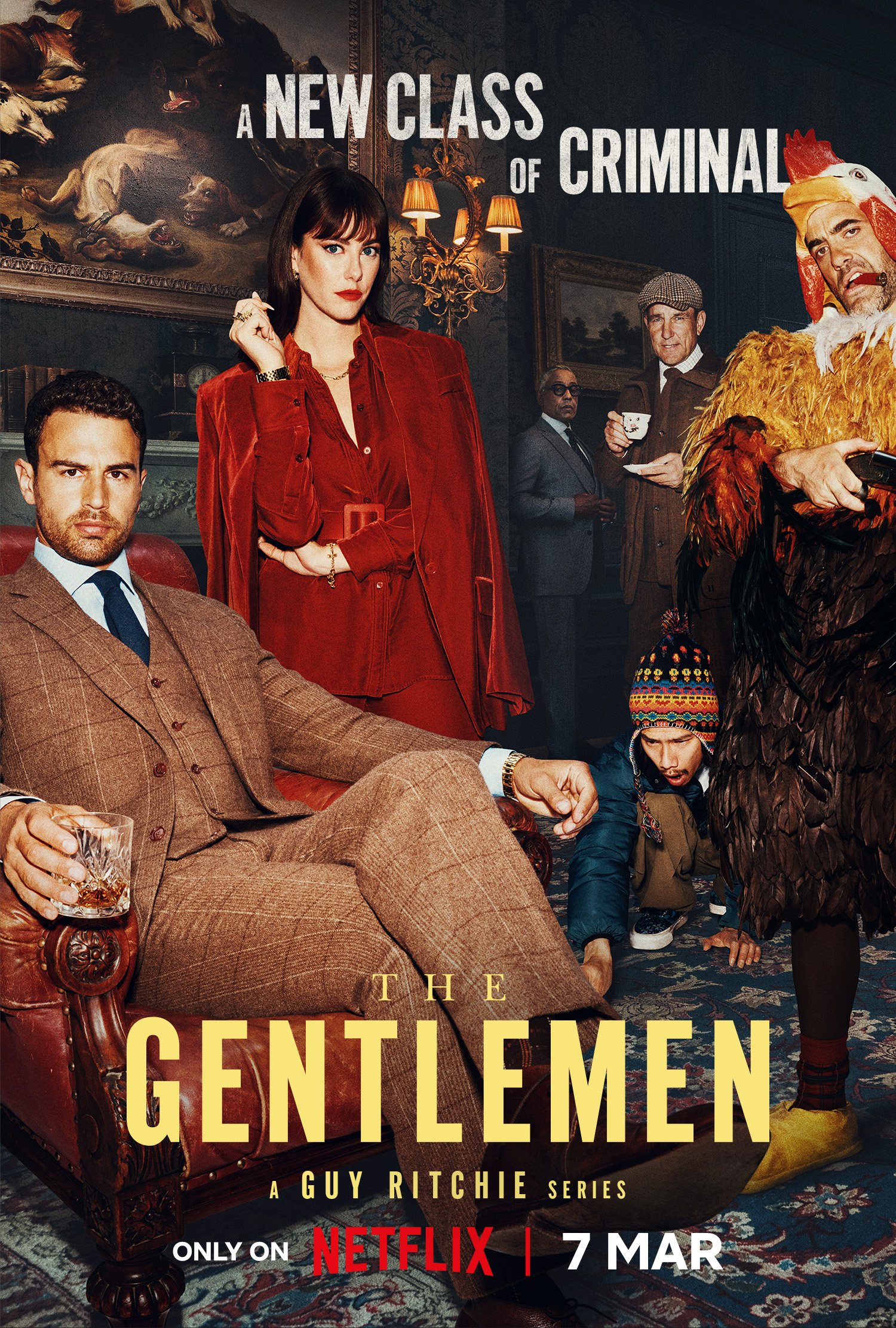 A stylish phone wallpaper for The Gentlemen, a 2024 Guy Ritchie series featuring a cast of intriguing characters in a dramatic setting. Streaming on Netflix from March 7.