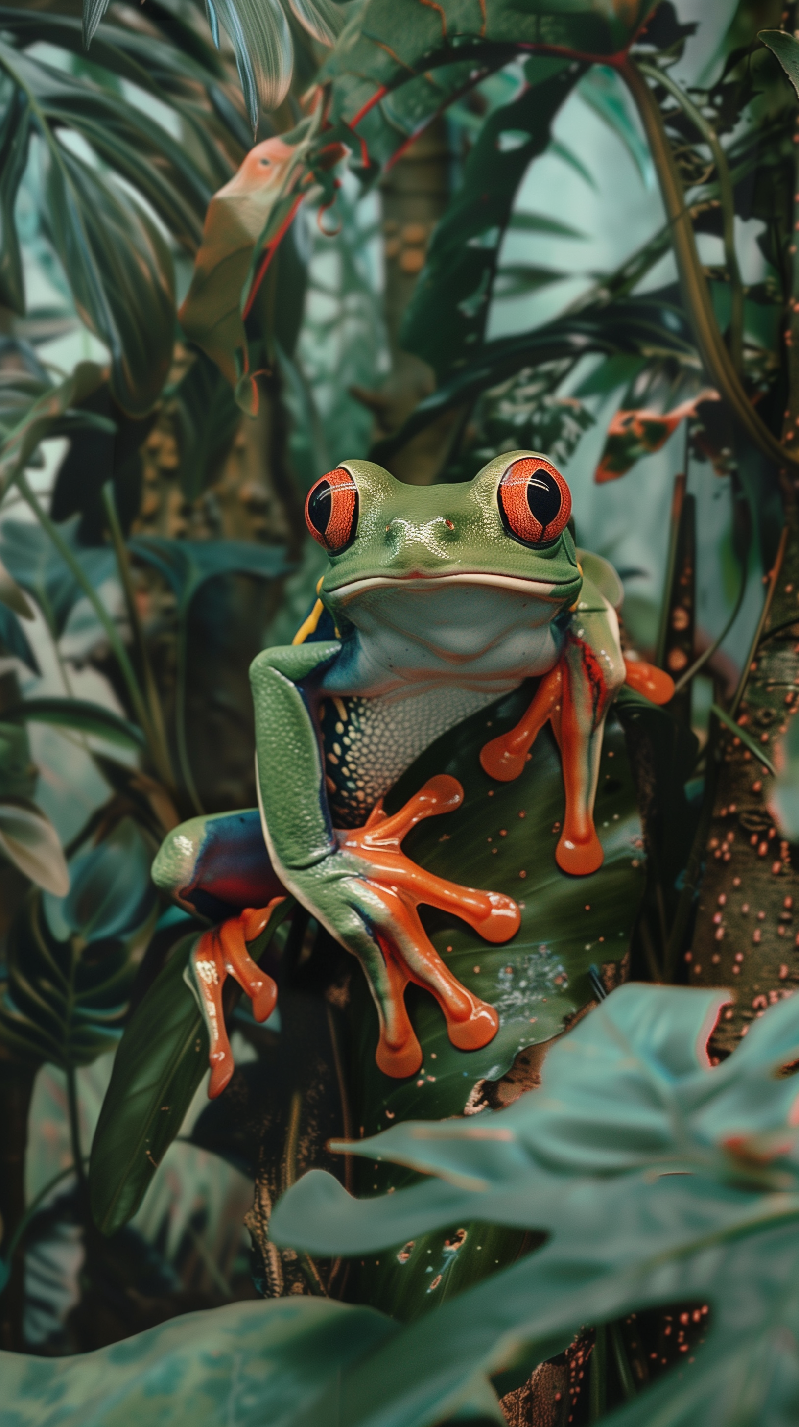 A vibrant tree frog perched among lush jungle foliage, showcasing its striking colors, makes a captivating phone wallpaper.