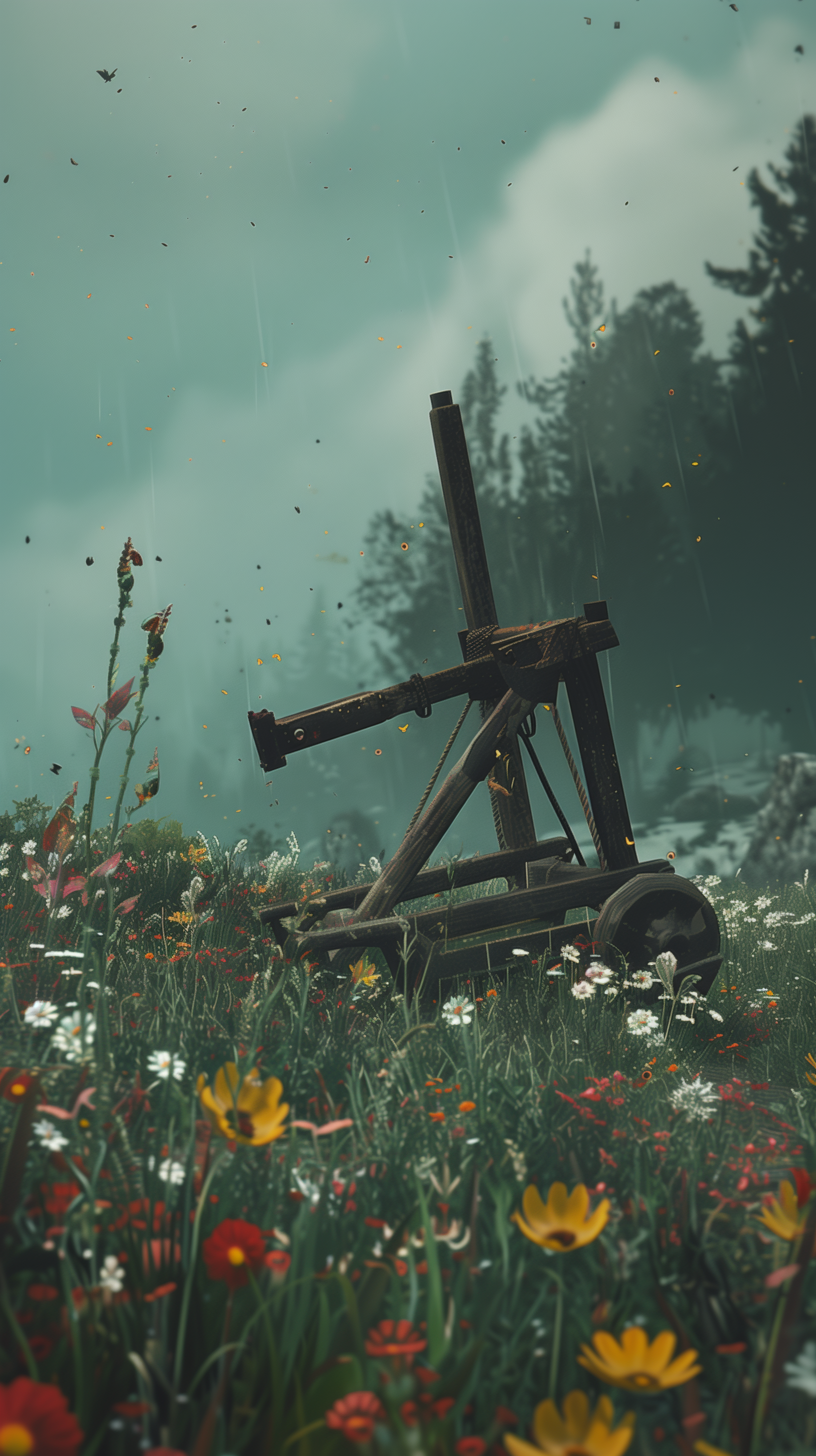 A rustic catapult stands amidst a vibrant field of flowers under a moody sky, creating a striking phone wallpaper that blends nature and medieval charm.