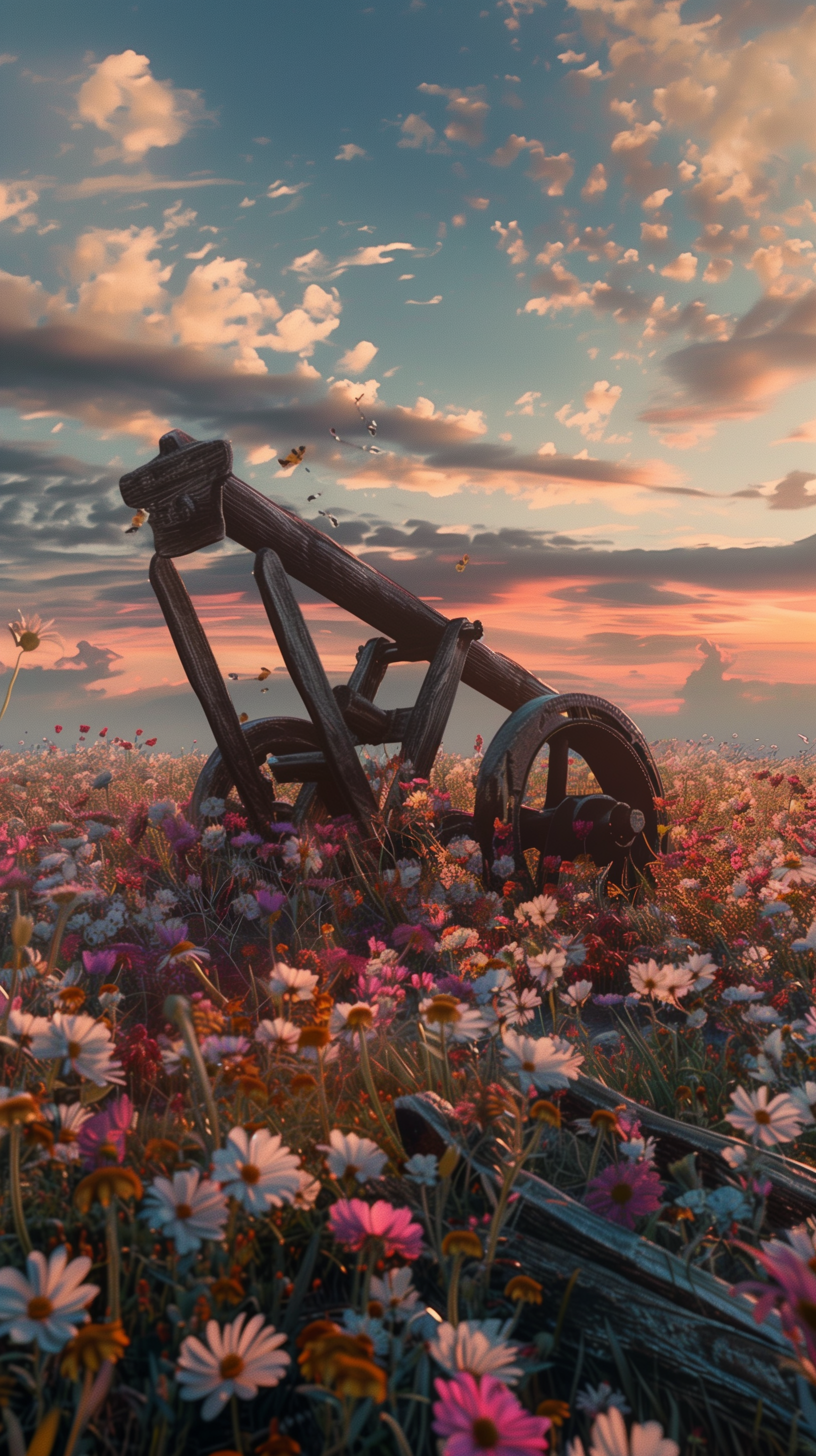 A stunning phone wallpaper features a wooden catapult amid a vibrant field of flowers under a colorful sunset sky, blending nature and historical imagery beautifully.