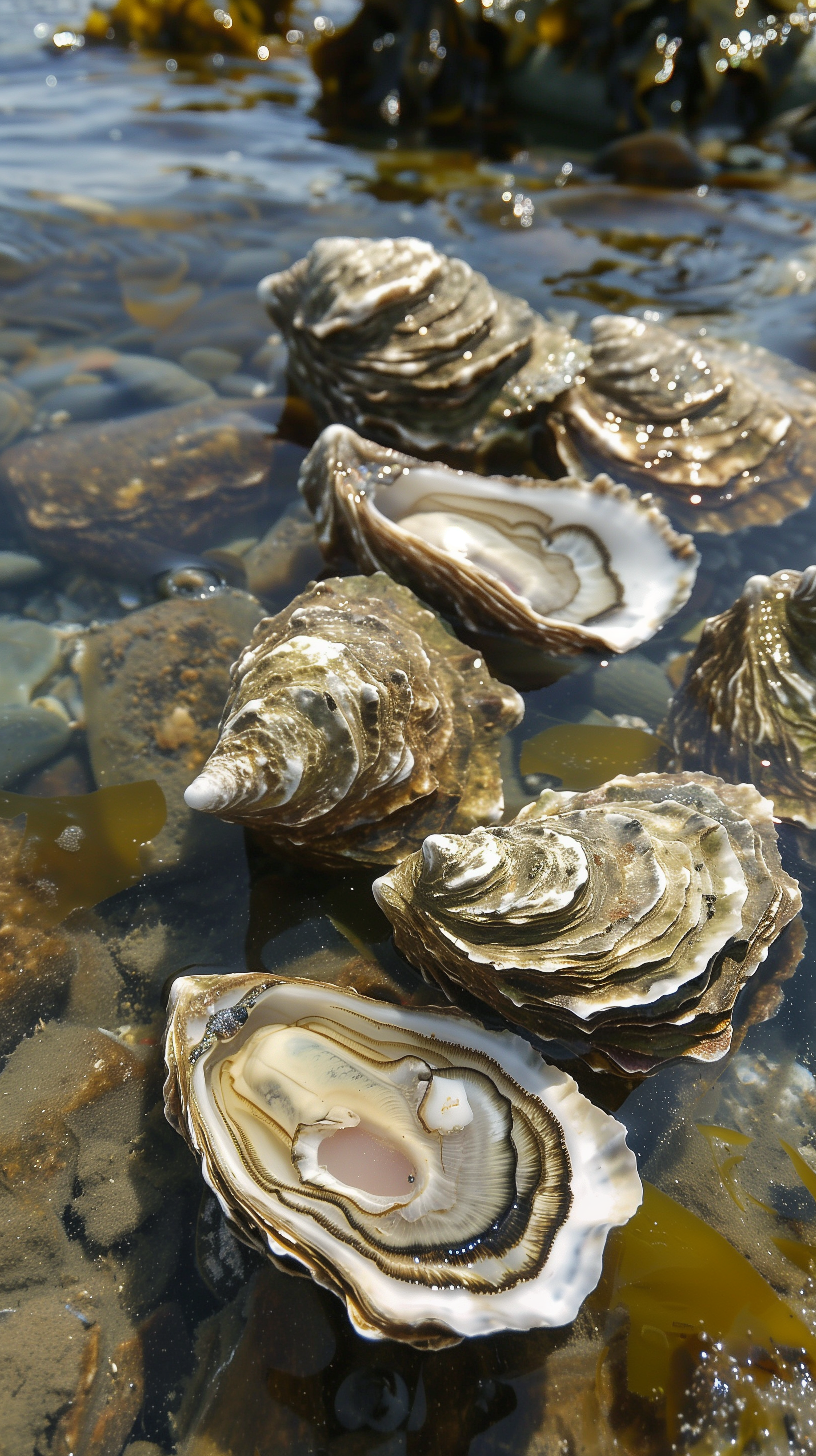 A serene phone wallpaper featuring a cluster of oysters partially submerged in clear water, showcasing their unique textures and colors against a backdrop of rocky terrain.