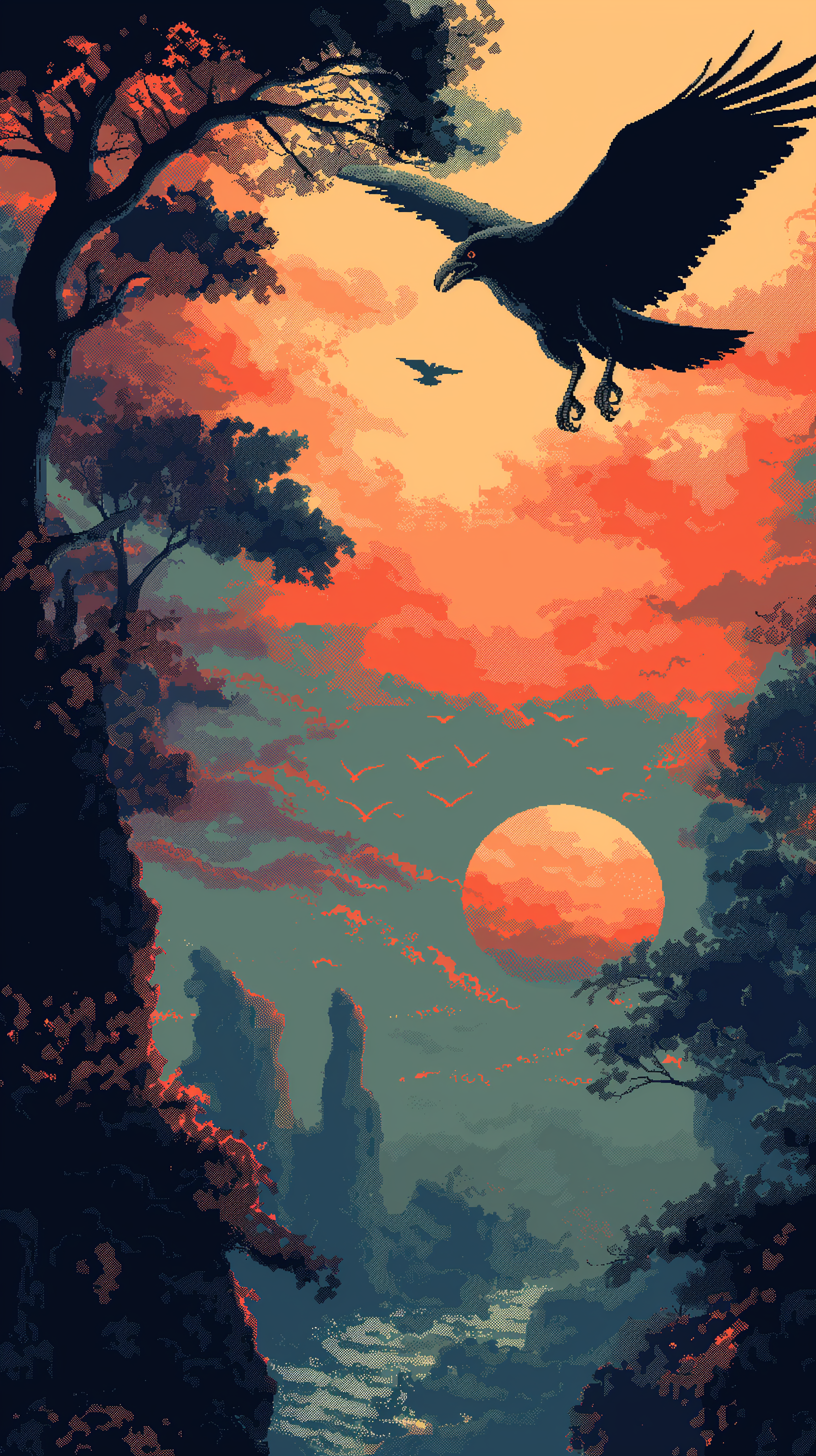 Black bird soaring at sunset phone wallpaper with vibrant orange skies and silhouetted trees.