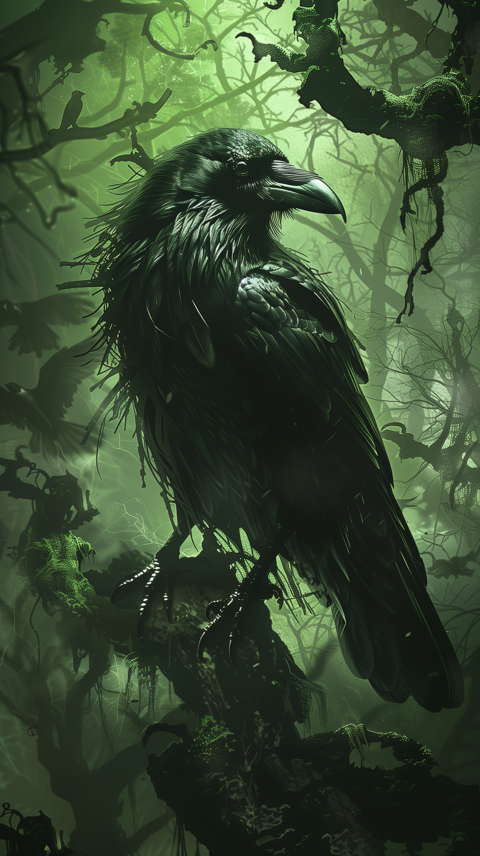 Mystical raven in a green forest phone wallpaper.