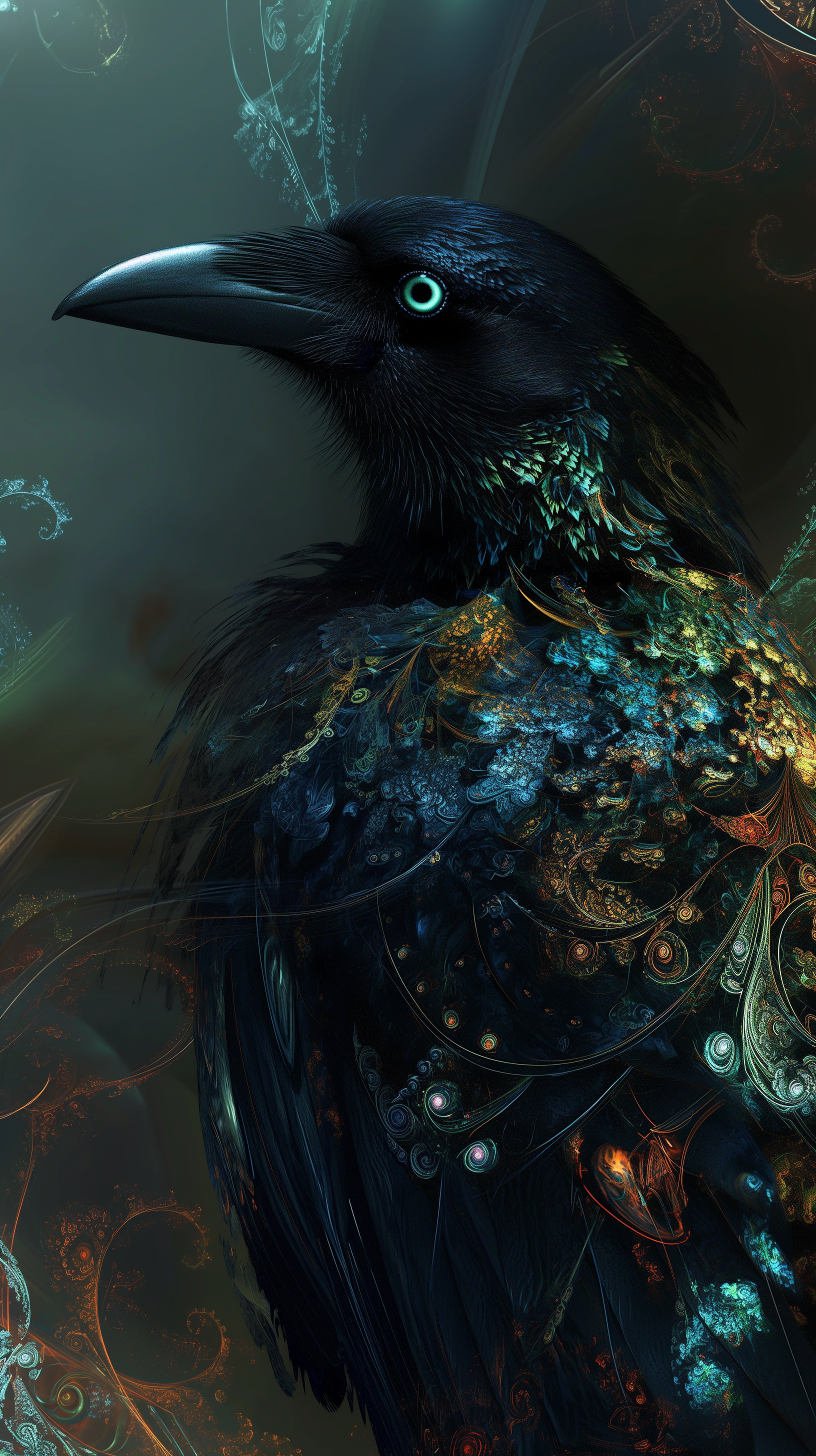 Artistic phone wallpaper featuring a detailed illustration of a black bird with vibrant blue and gold accents on a dark background.