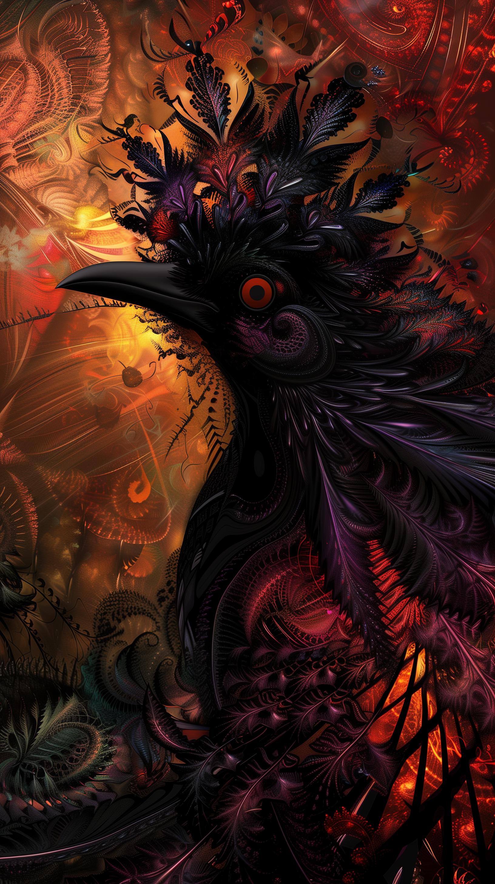 A mesmerizing fractal artwork of a bird against a fiery, swirling background, making it an eye-catching phone wallpaper that blends nature with intricate design.