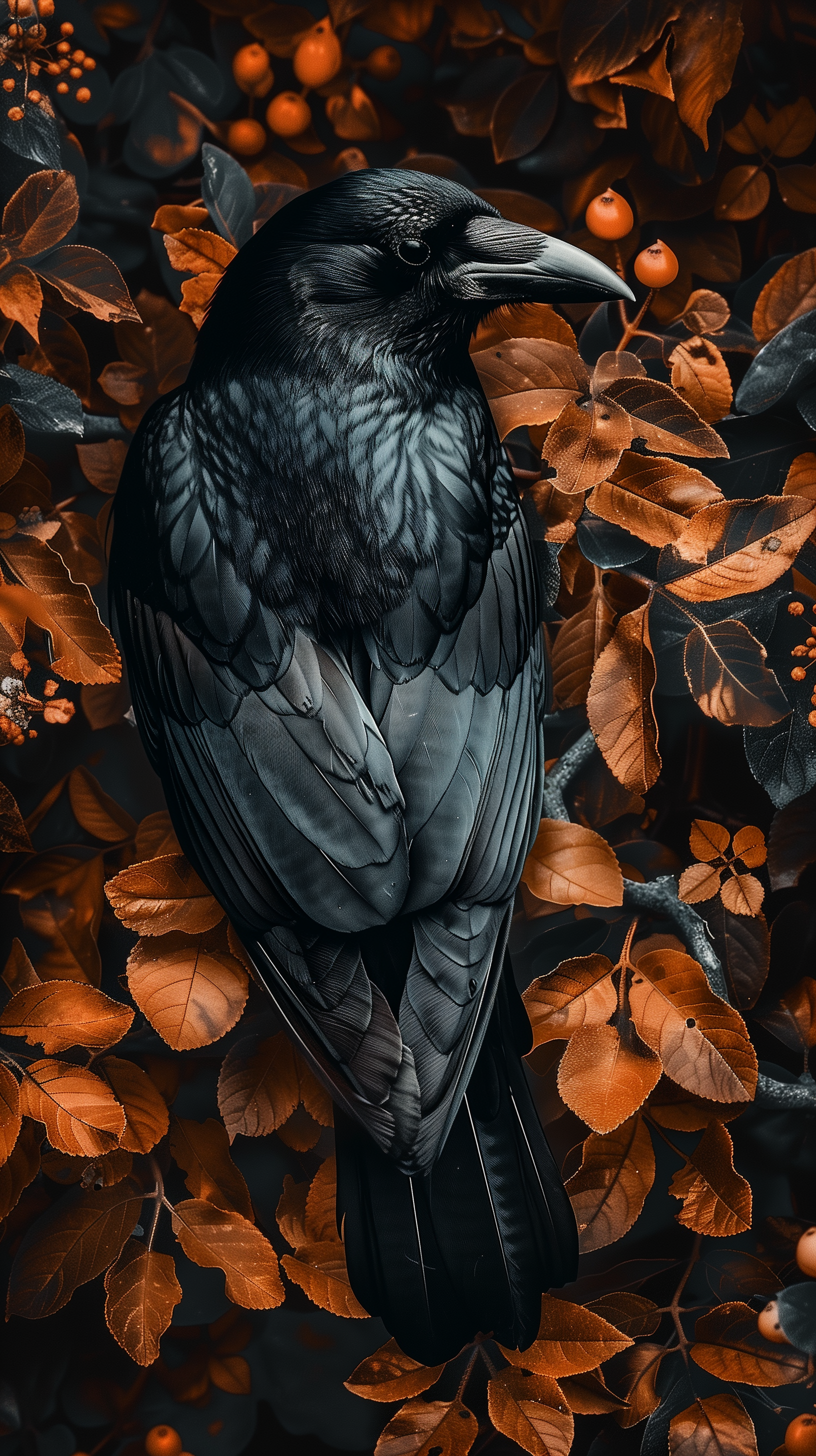 Elegant black crow perched amidst autumn leaves, designed as a stylish phone wallpaper.