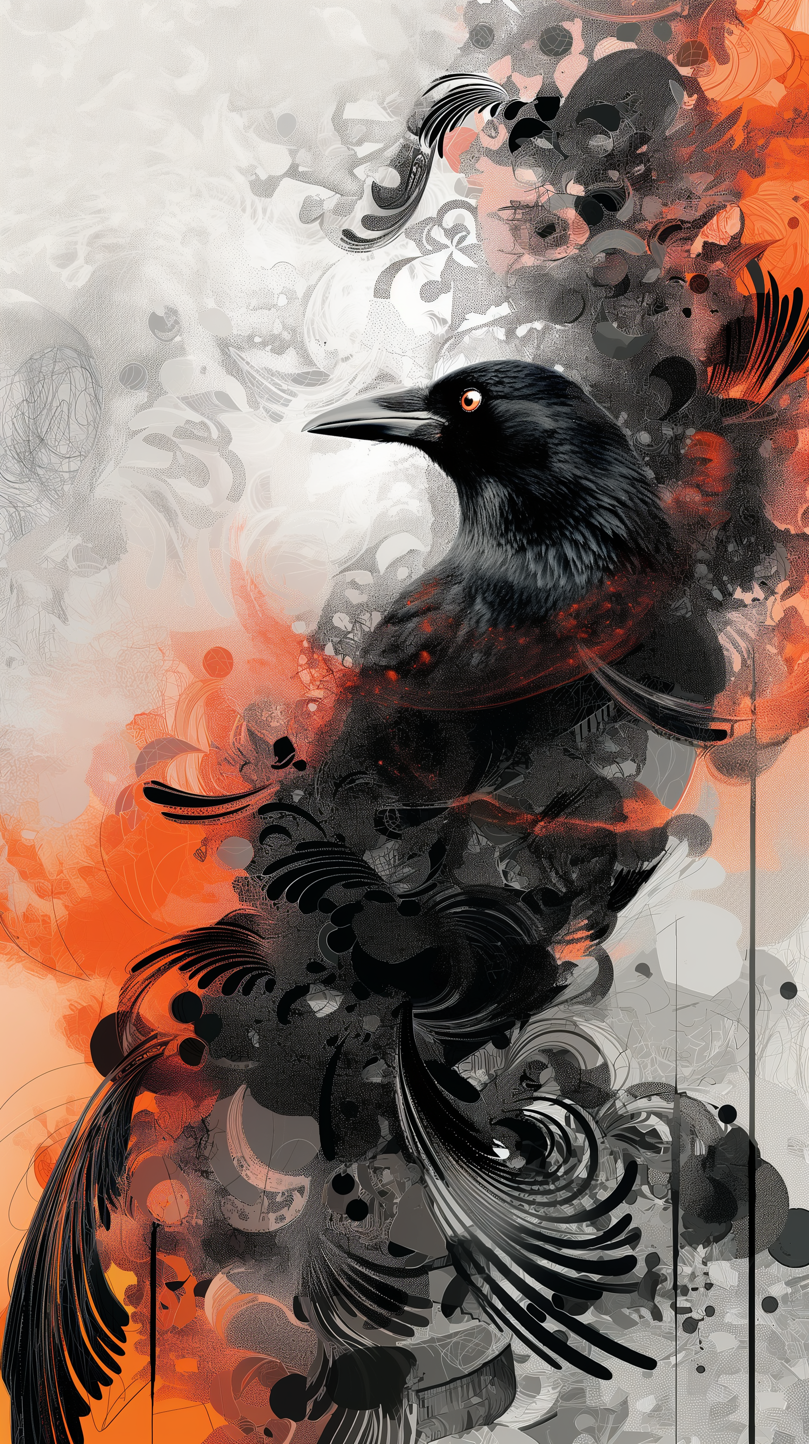 Artistic phone wallpaper featuring a stylized black bird amidst abstract red and grey patterns.