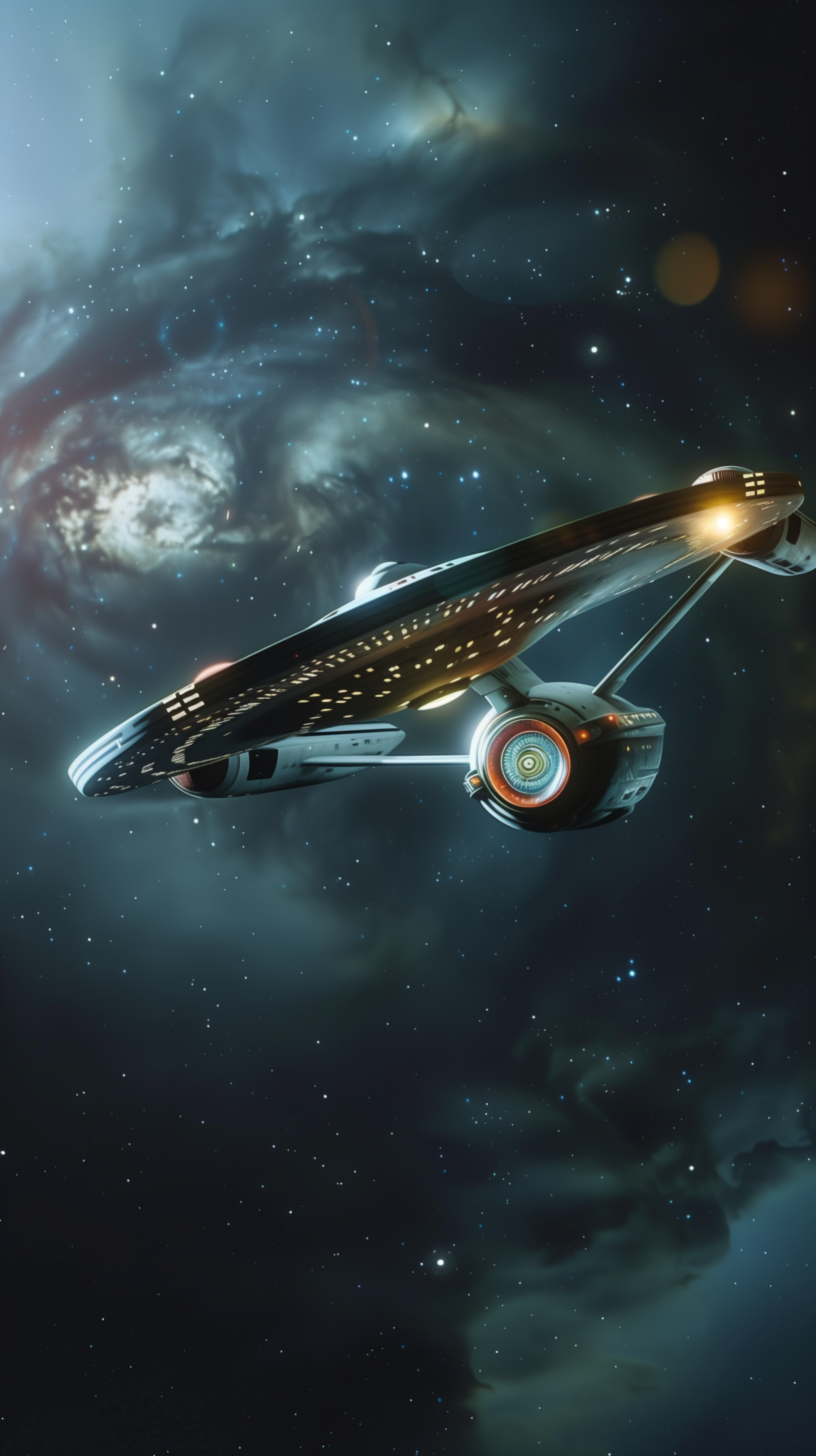 USS Enterprise phone wallpaper featuring the iconic spaceship soaring through a colorful nebula.