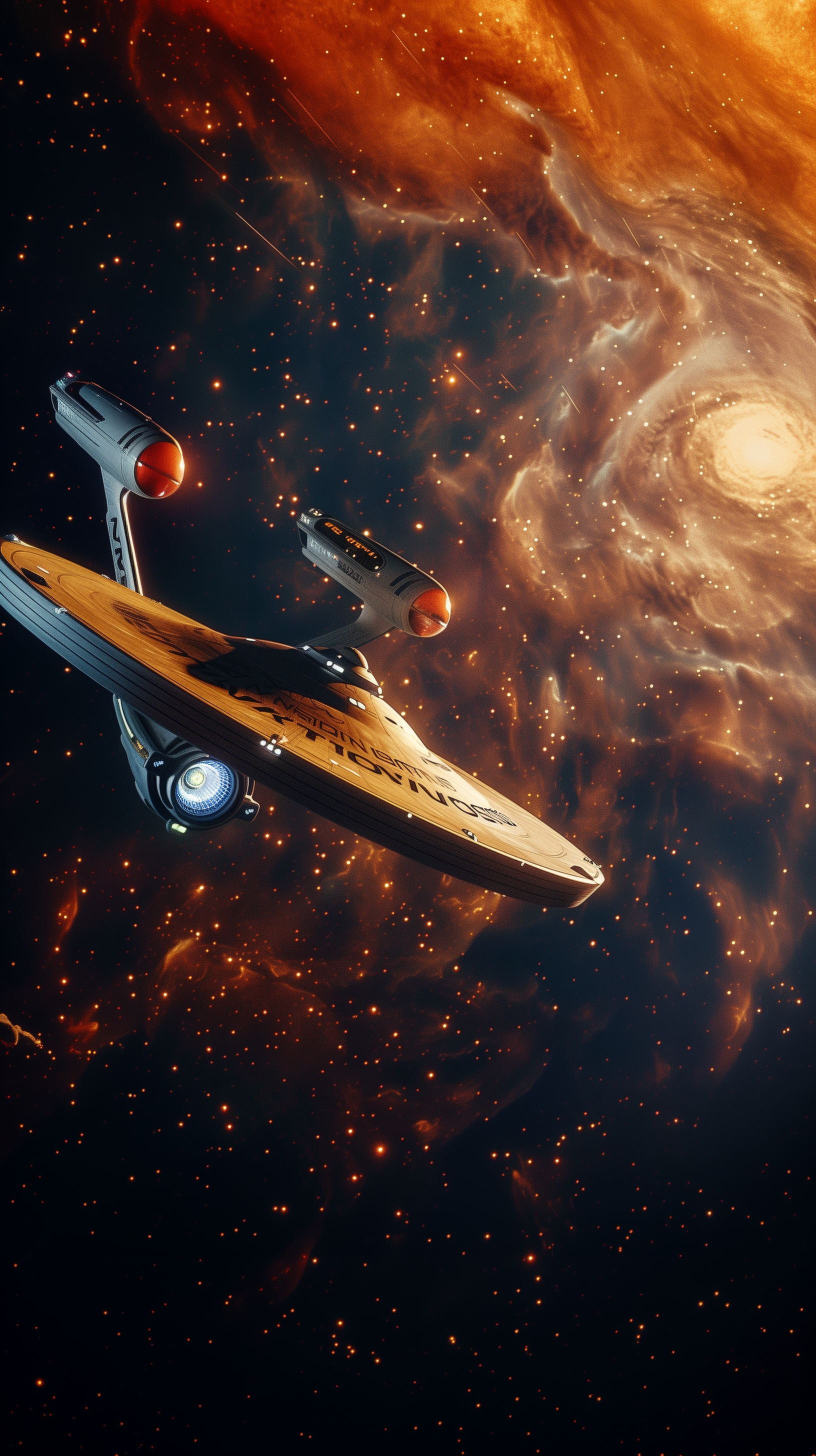 A stunning phone wallpaper featuring the USS Enterprise soaring through a vibrant, star-filled galaxy, with a swirling nebula in the background.
