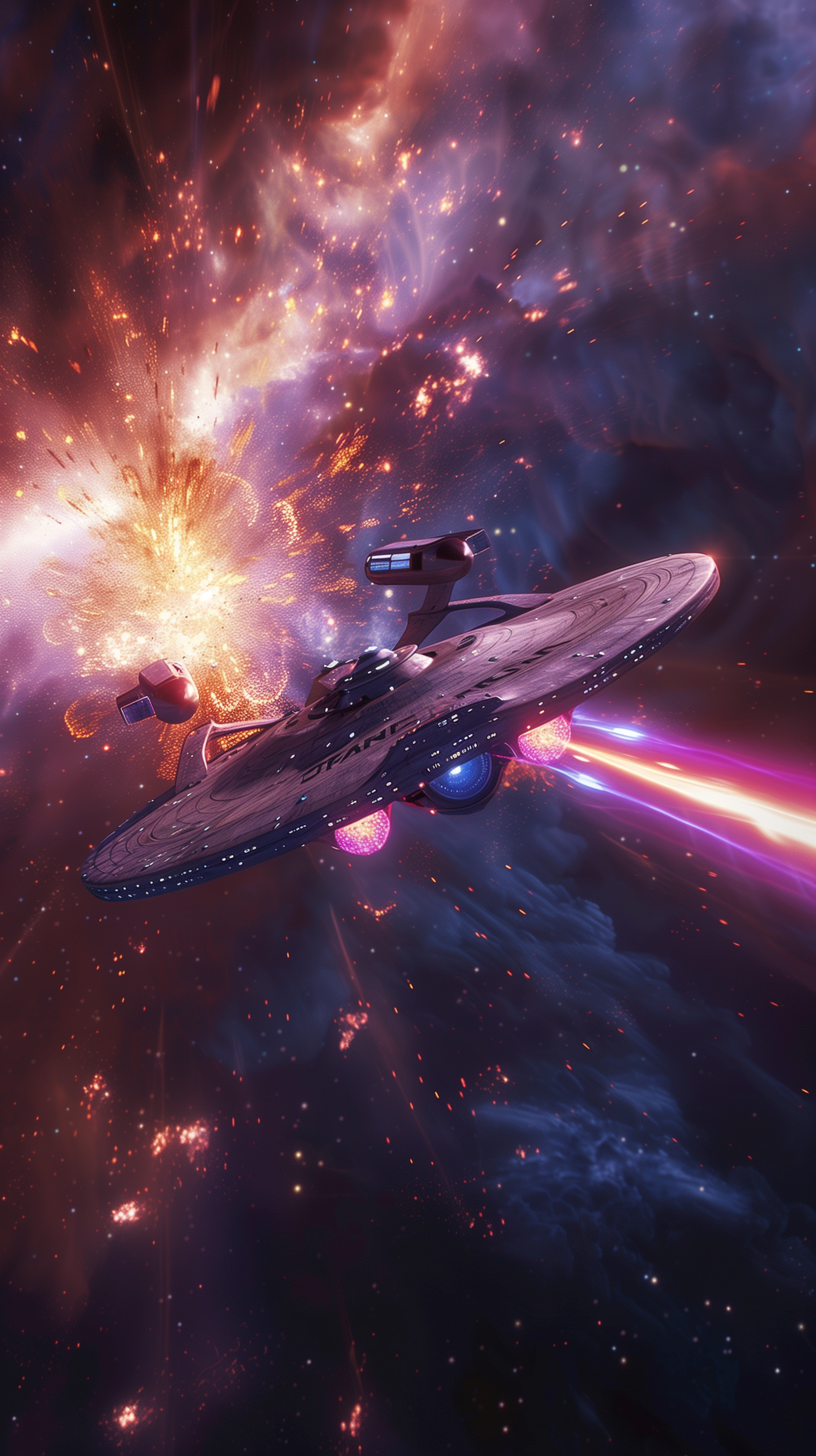 USS Enterprise wallpaper for phone featuring the iconic starship amidst a vibrant cosmic backdrop with bursts of colorful nebulas and starlight.