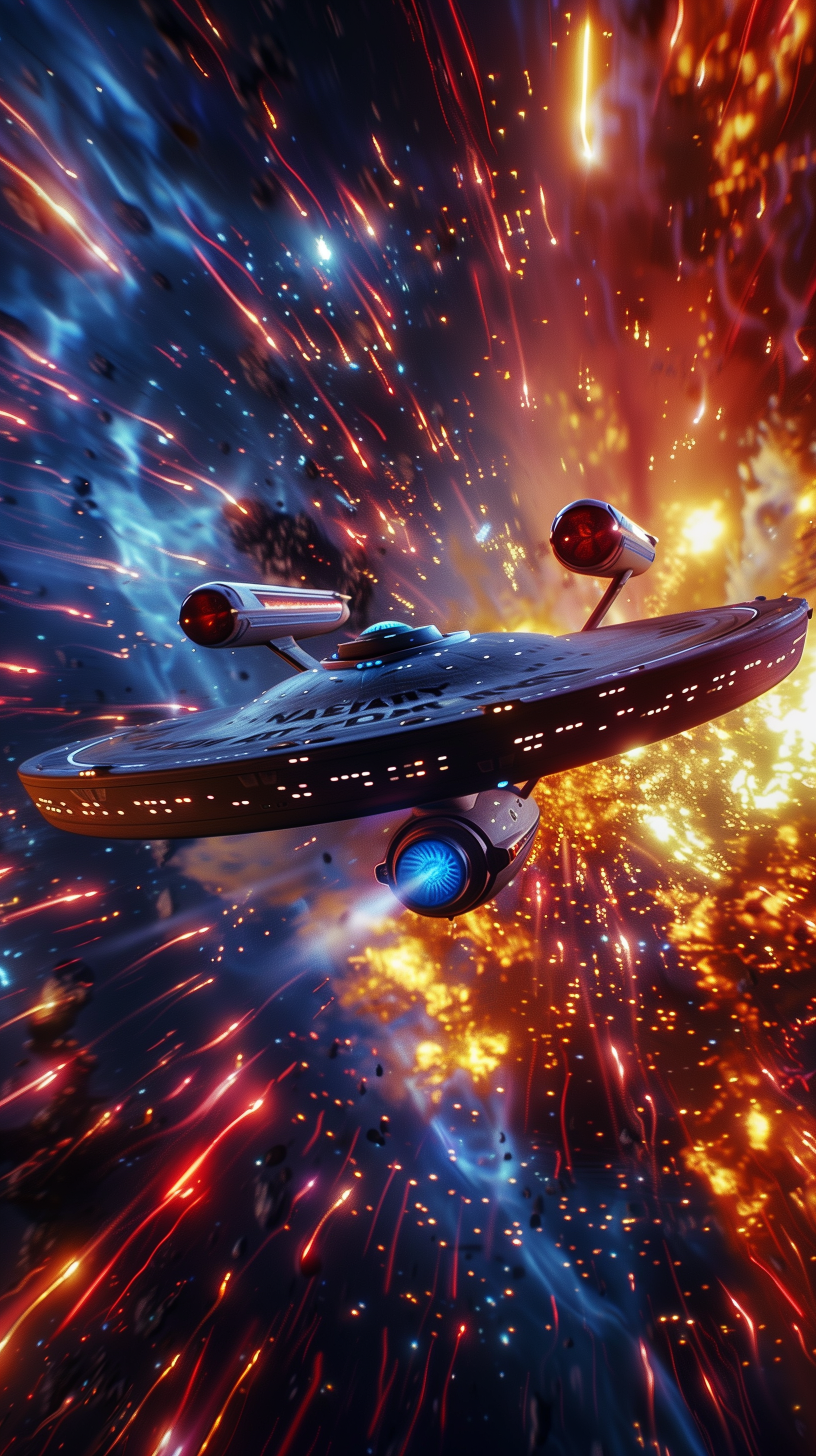 USS Enterprise spaceship soaring through a vibrant cosmic nebula - Sci-Fi phone wallpaper.