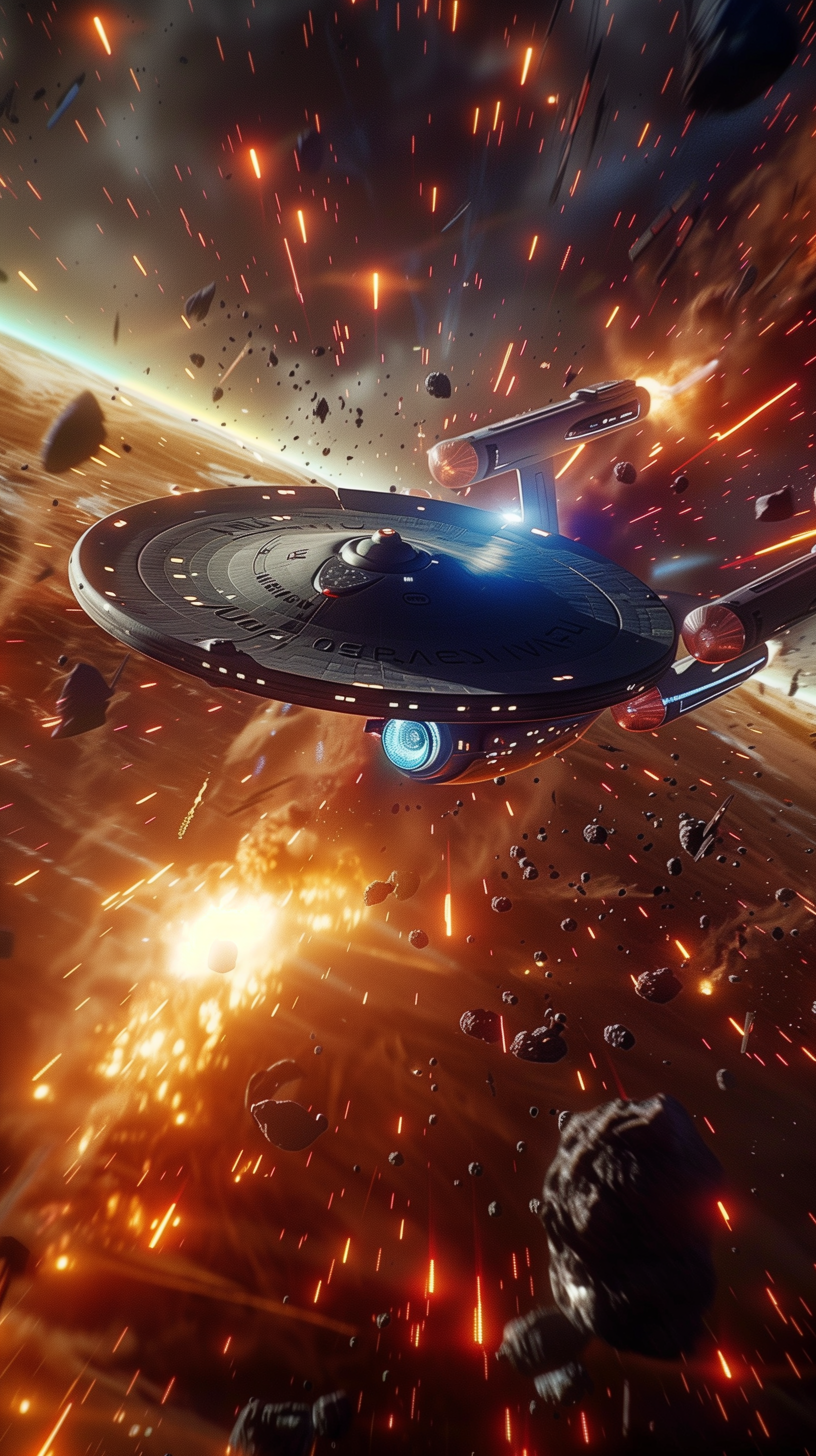 USS Enterprise spaceship navigating through an asteroid field with explosions, designed as a dynamic phone wallpaper.