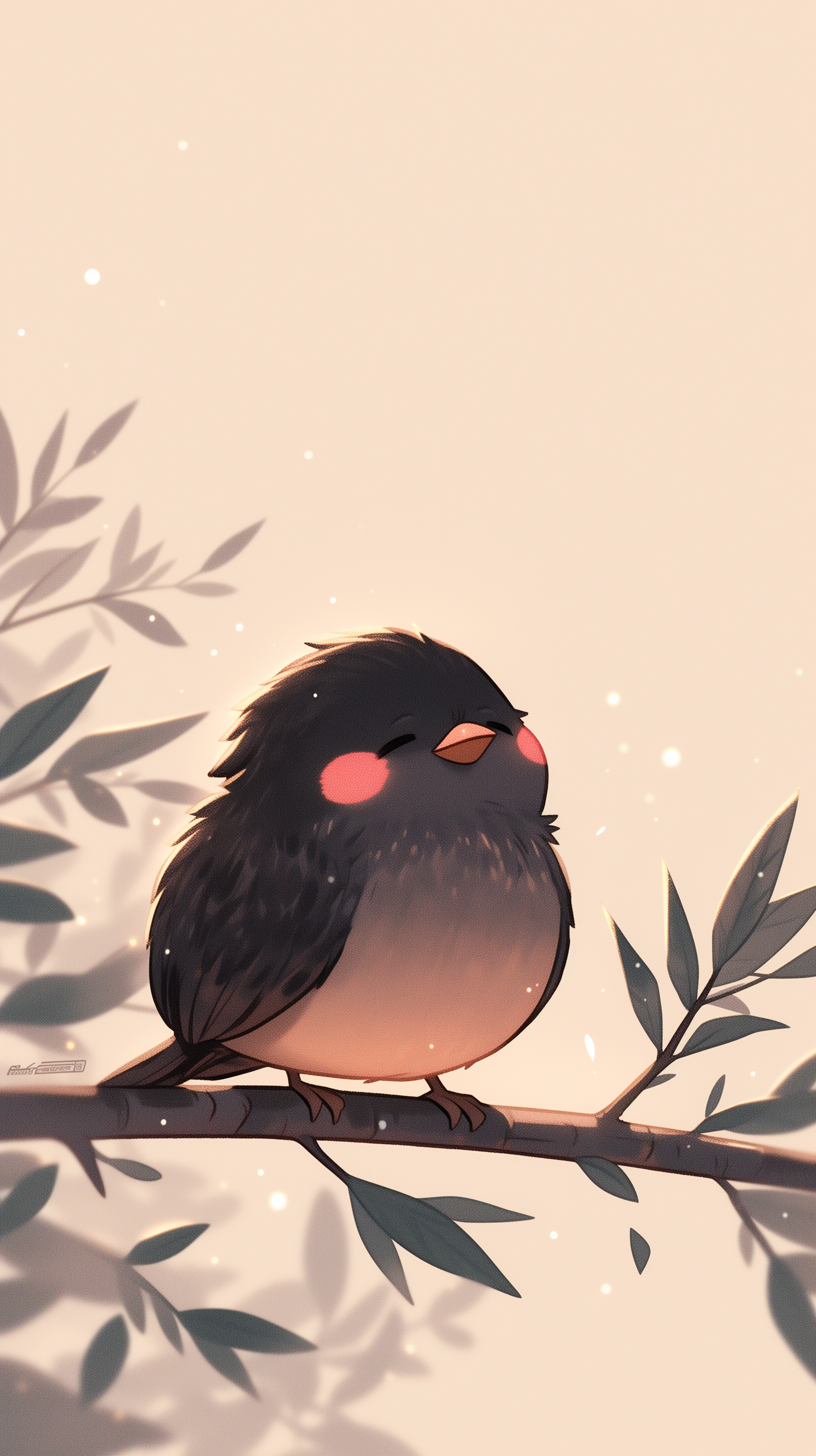 Cute black bird cartoon phone wallpaper with soft brown background.