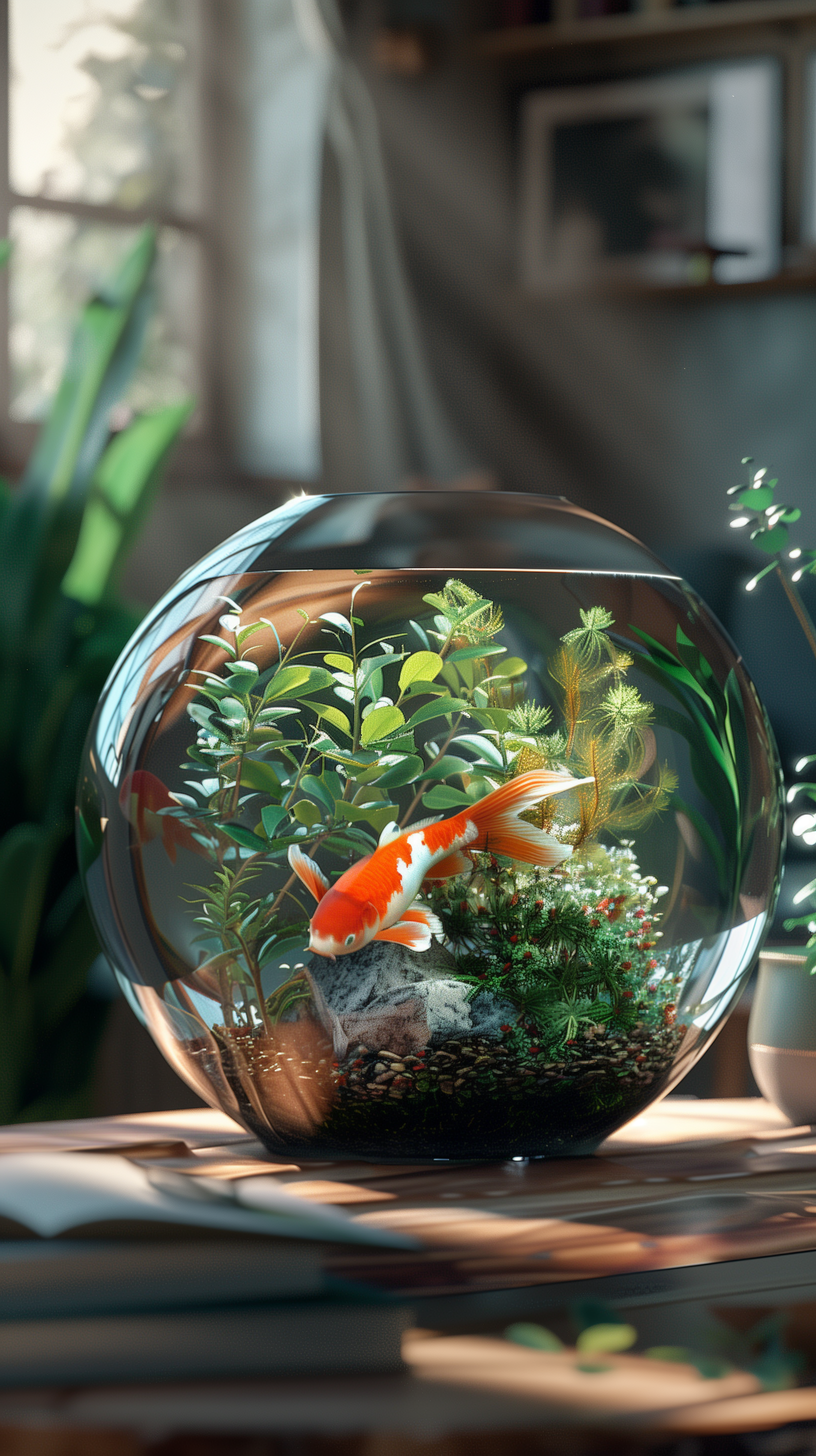Phone wallpaper featuring a serene fish bowl with a vibrant orange fish and green aquatic plants, set against a softly lit home background.