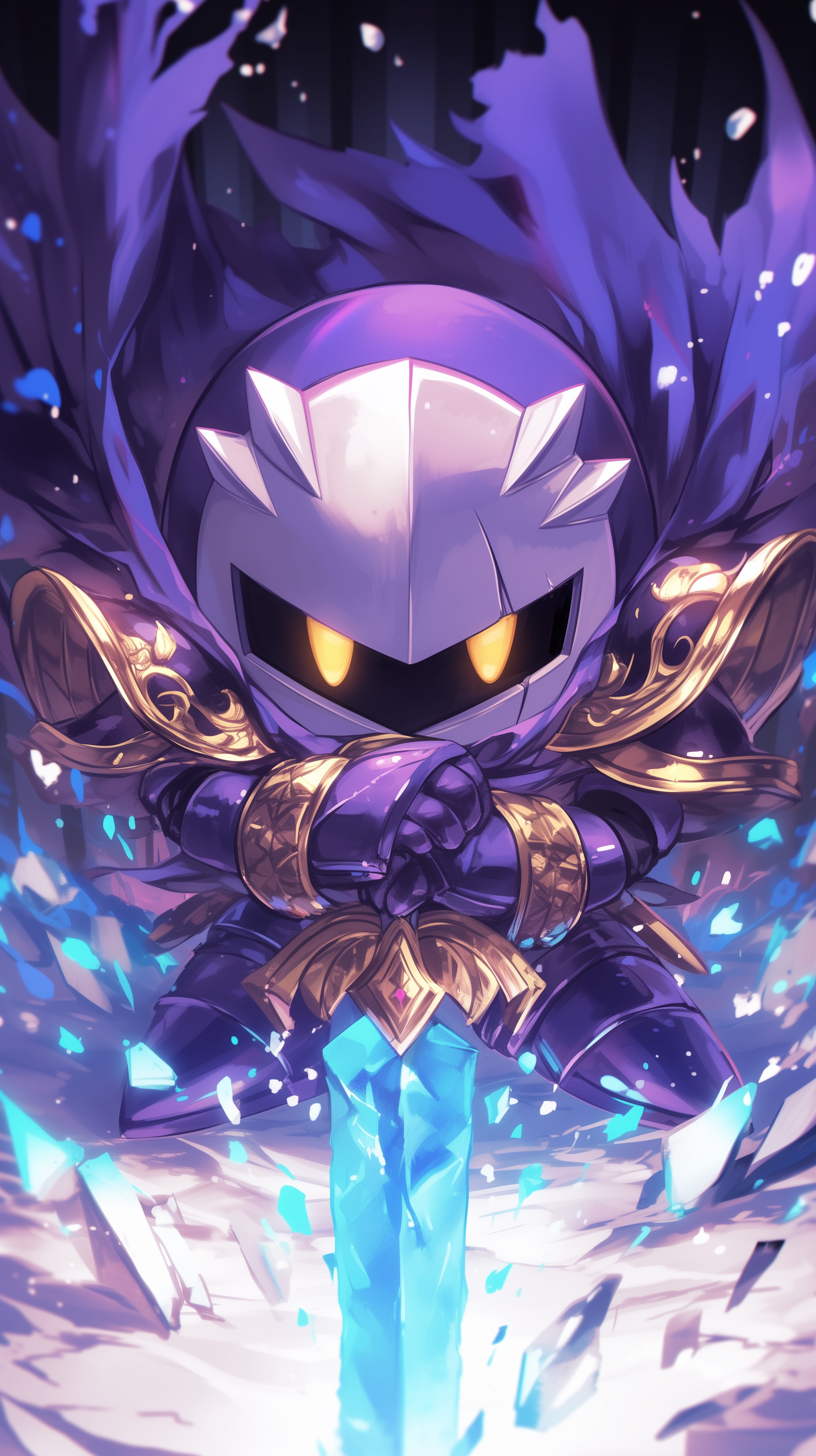 A dynamic phone wallpaper featuring Meta Knight, showcasing a powerful pose with a glowing blue sword, surrounded by shards of light and a dramatic, swirling purple cloak.