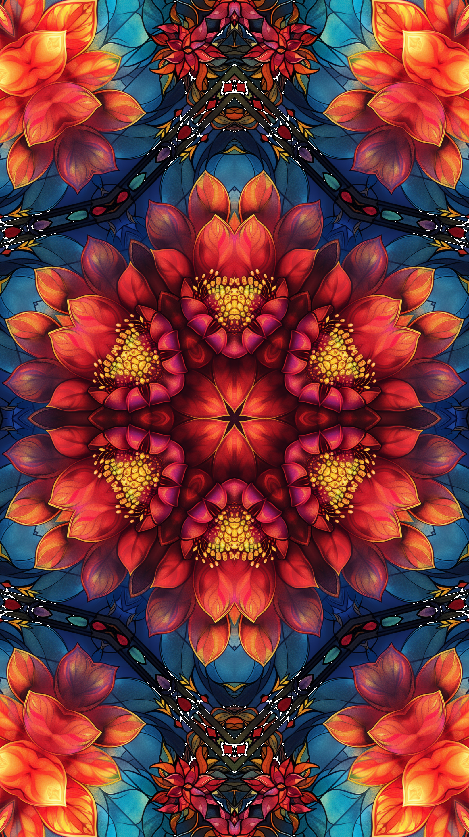 Colorful kaleidoscope pattern phone wallpaper featuring symmetrical floral designs in bold orange and blue hues.