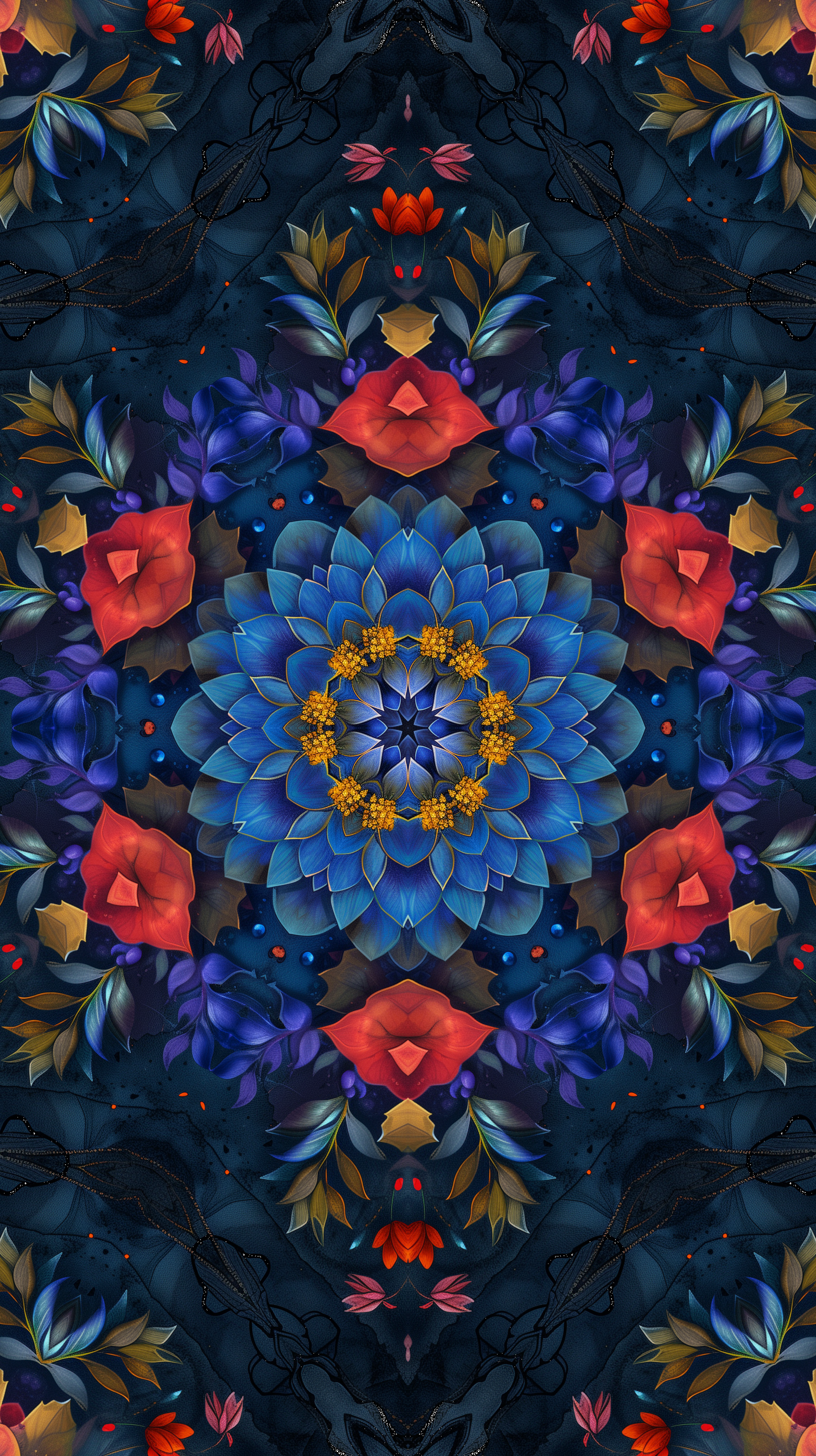 Colorful kaleidoscope pattern phone wallpaper with symmetrical floral design in vibrant hues.
