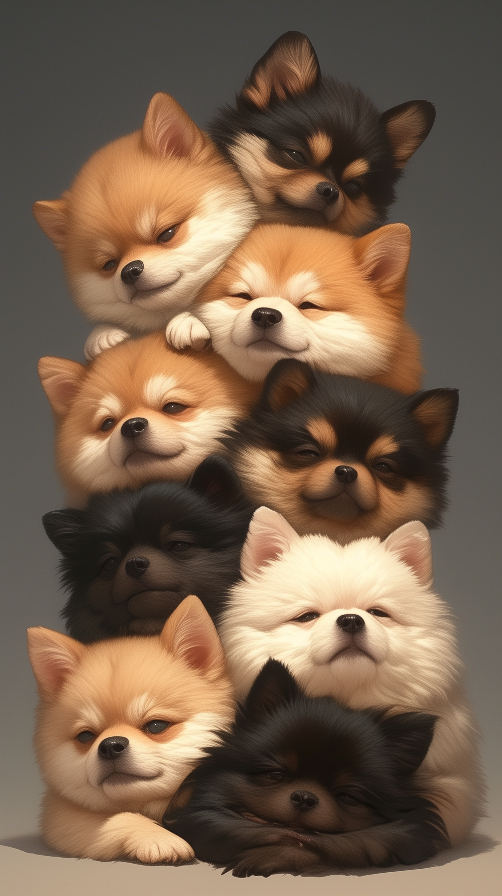 Pomeranian puppies wallpaper for phone featuring a stack of cute Pomeranian dogs in various colors.