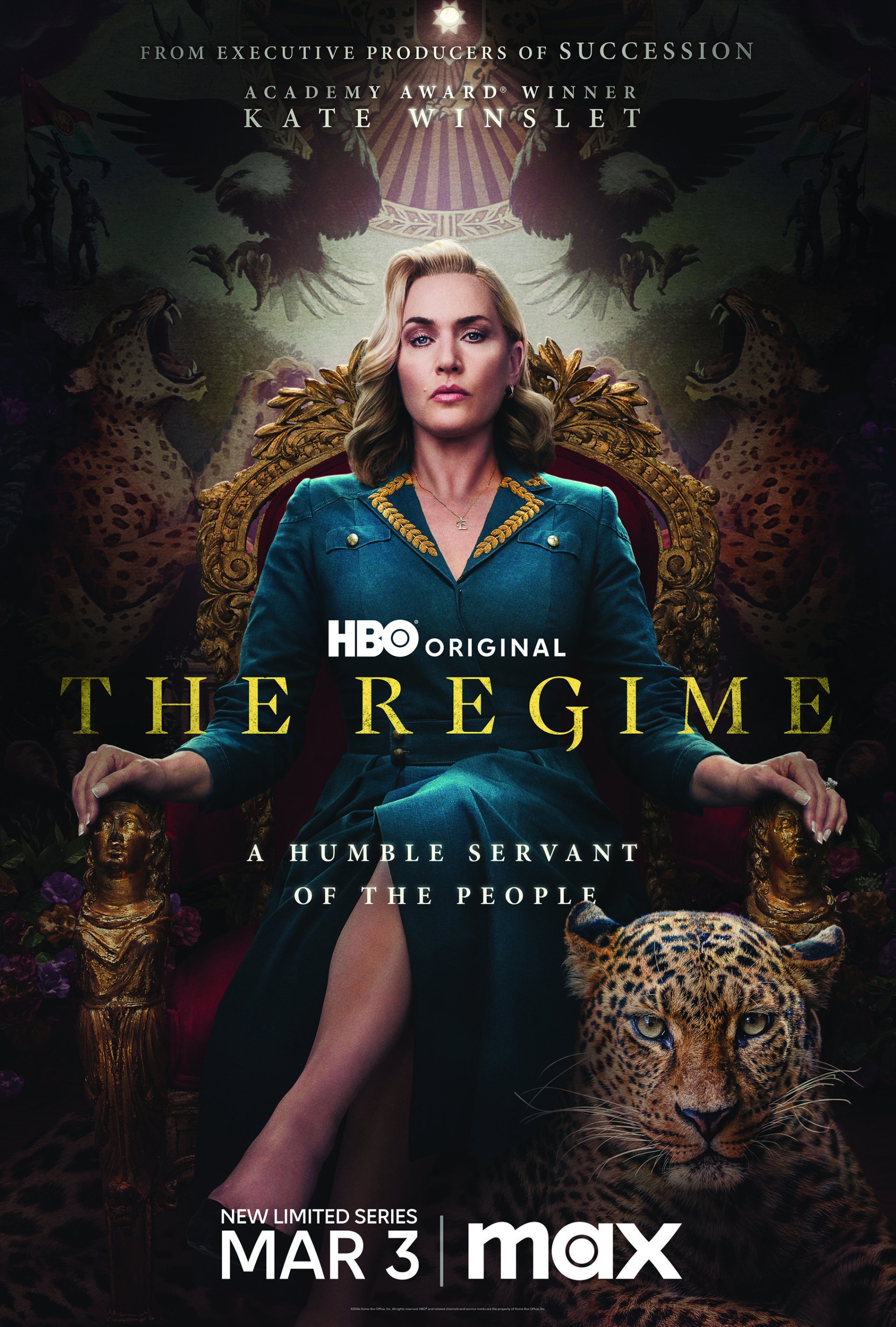 Phone wallpaper featuring Kate Winslet in HBO's TV Show The Regime, with thematic graphics including a leopard, premiering March 3 on HBO Max.