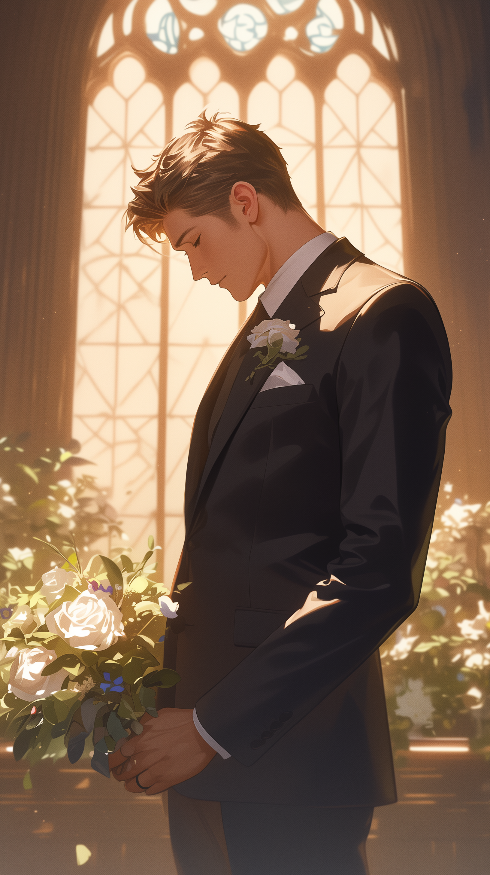 A groom stands thoughtfully in a sunlit space, holding a bouquet of flowers. This elegant image makes a striking phone wallpaper.