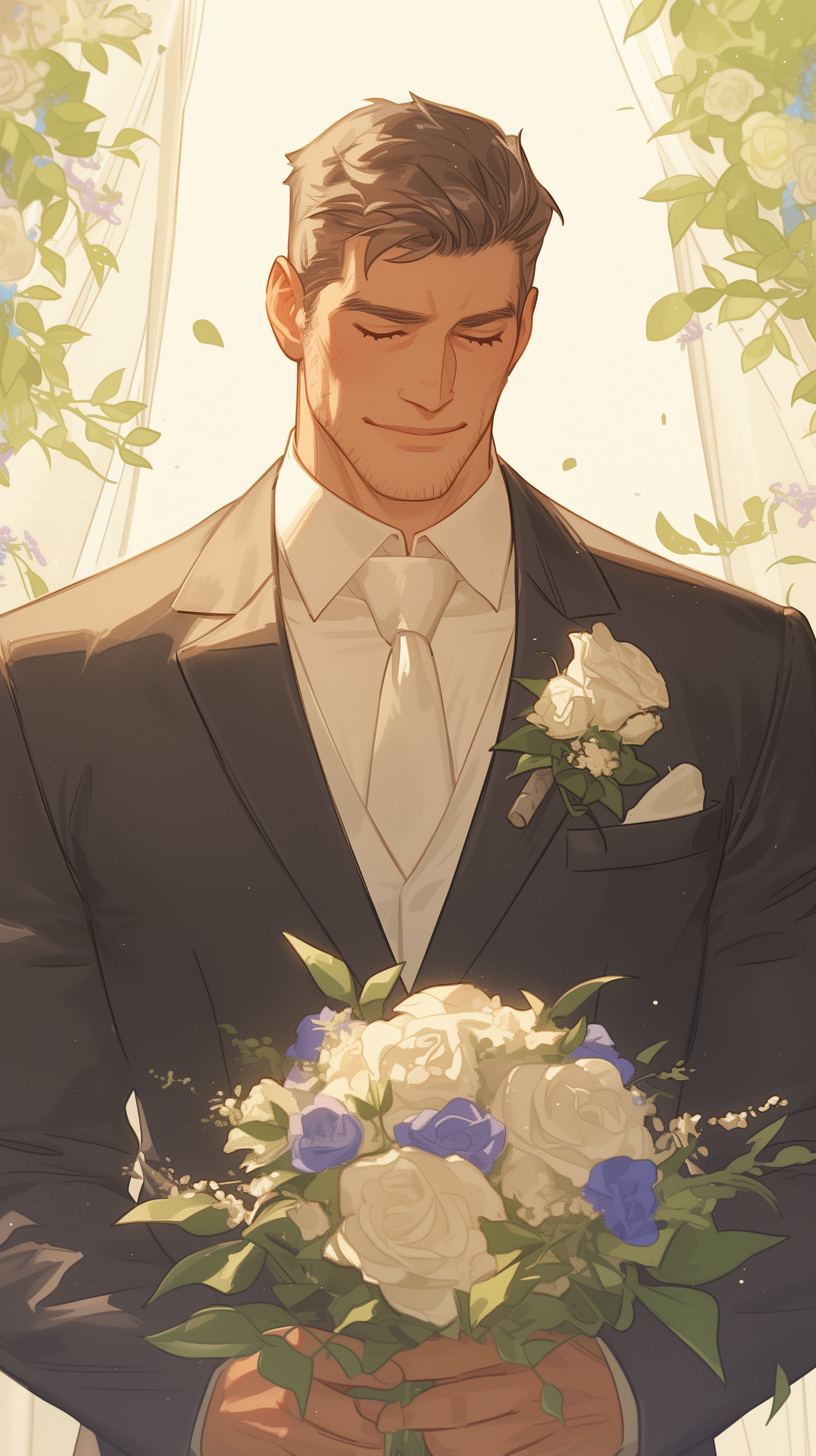 A groom in a formal suit stands holding a bouquet of white and blue flowers, smiling softly, surrounded by a floral backdrop. This image serves as an elegant phone wallpaper.