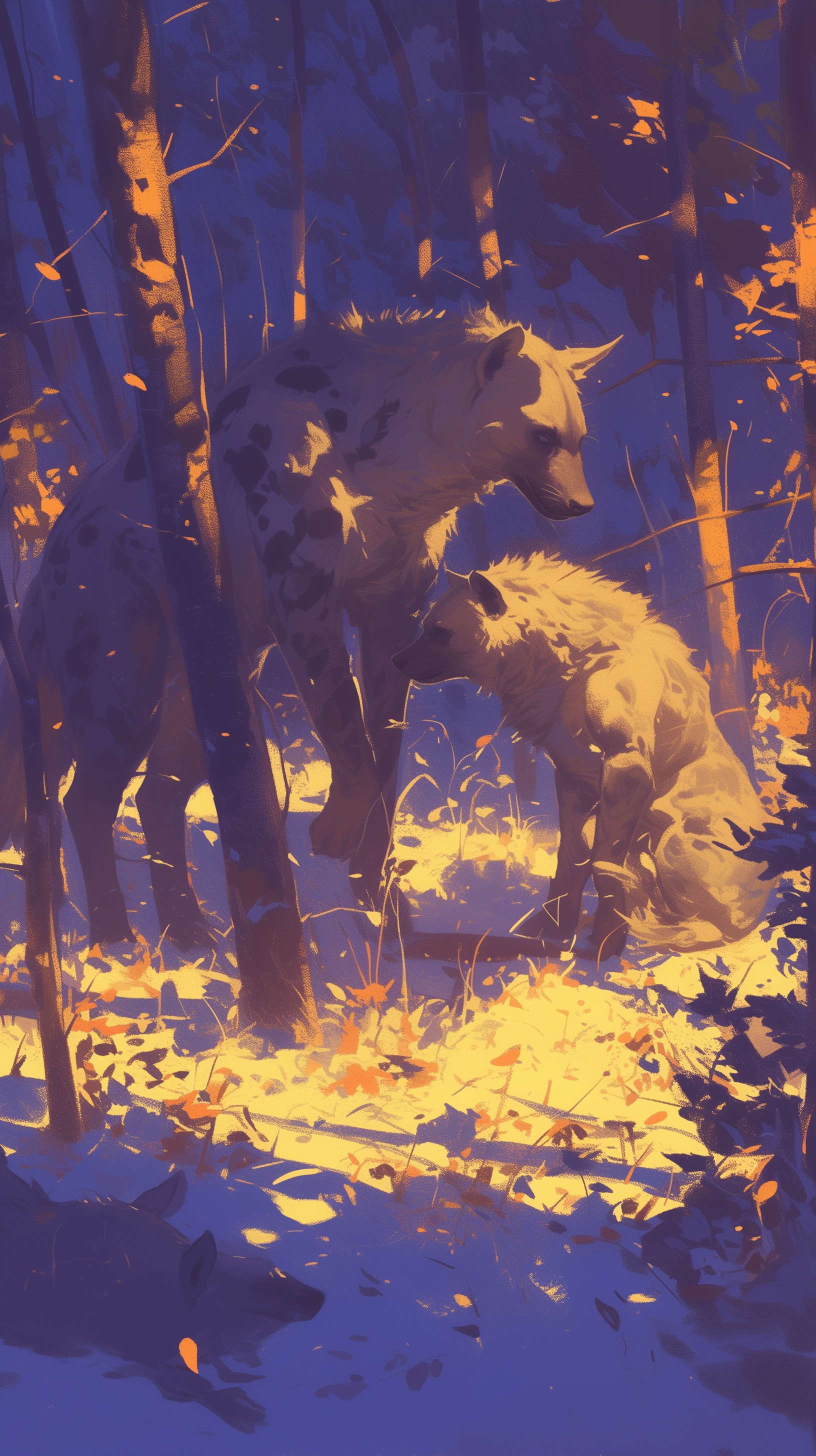 Artistic phone wallpaper featuring an illustrated scene of hyenas in a mystical forest with blue and orange hues.