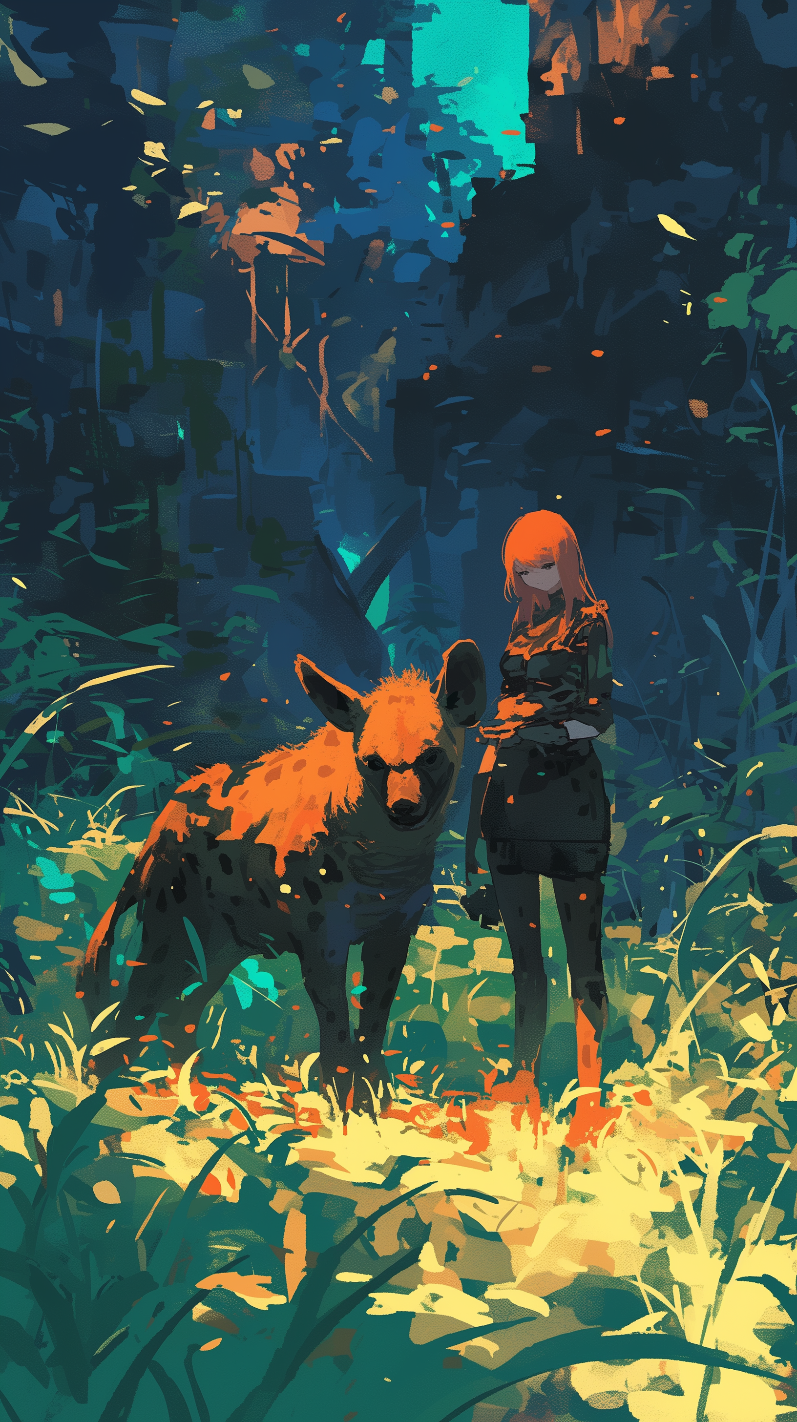 Artistic phone wallpaper featuring a stylized illustration of a hyena and a person standing amidst vibrant foliage in a dreamlike forest setting.