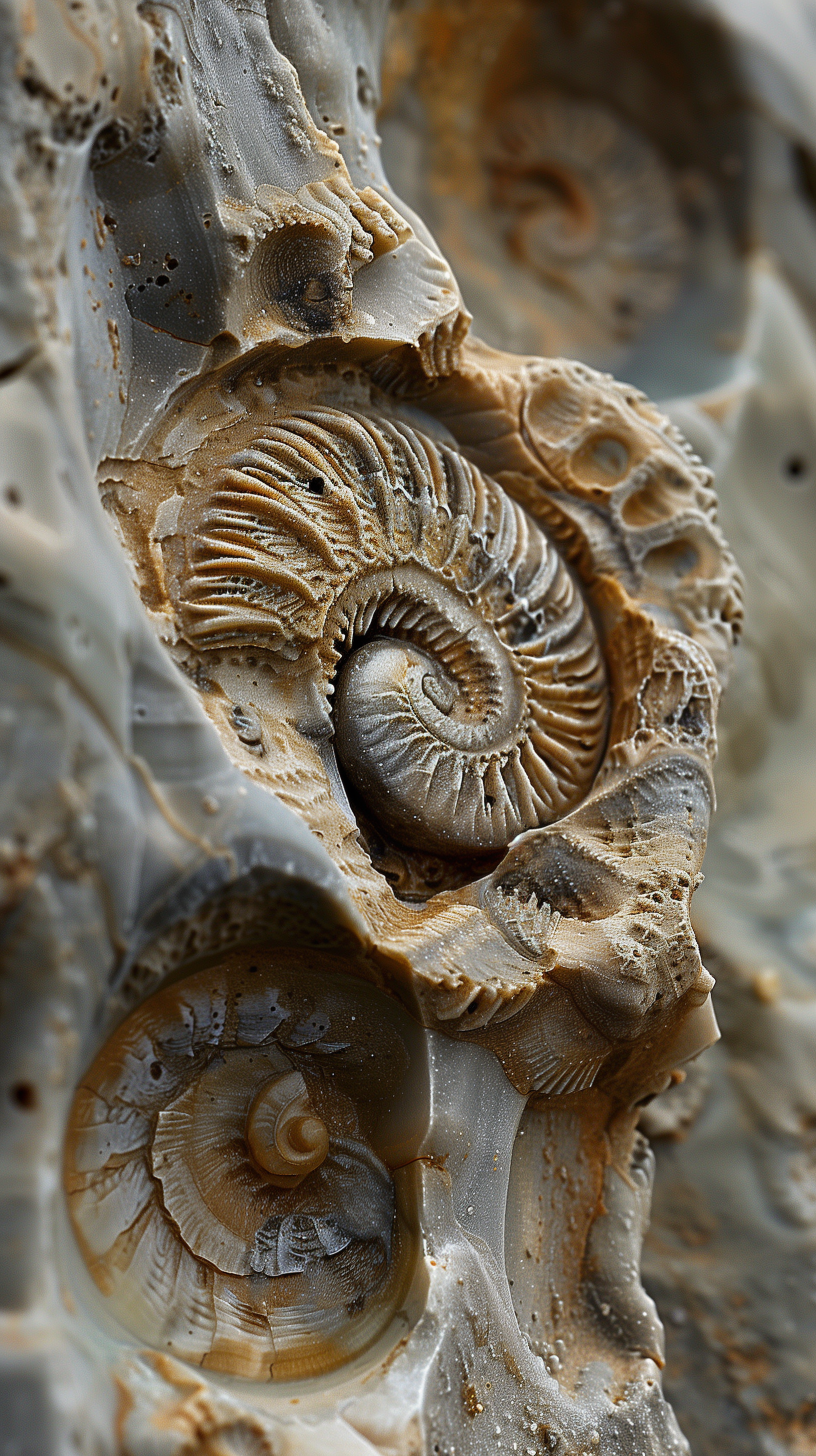 Close-up of intricate fossilized shells, showcasing detailed textures and swirling patterns. This striking image serves as a captivating phone wallpaper.