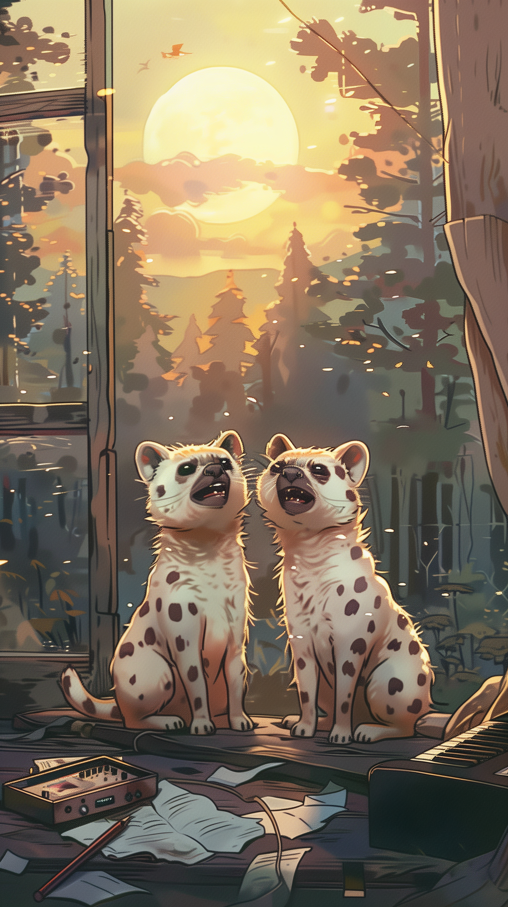 Two playful hyenas sit together in a sunlit, forested room, surrounded by scattered papers and a warm, golden sunset, creating a vibrant phone wallpaper.