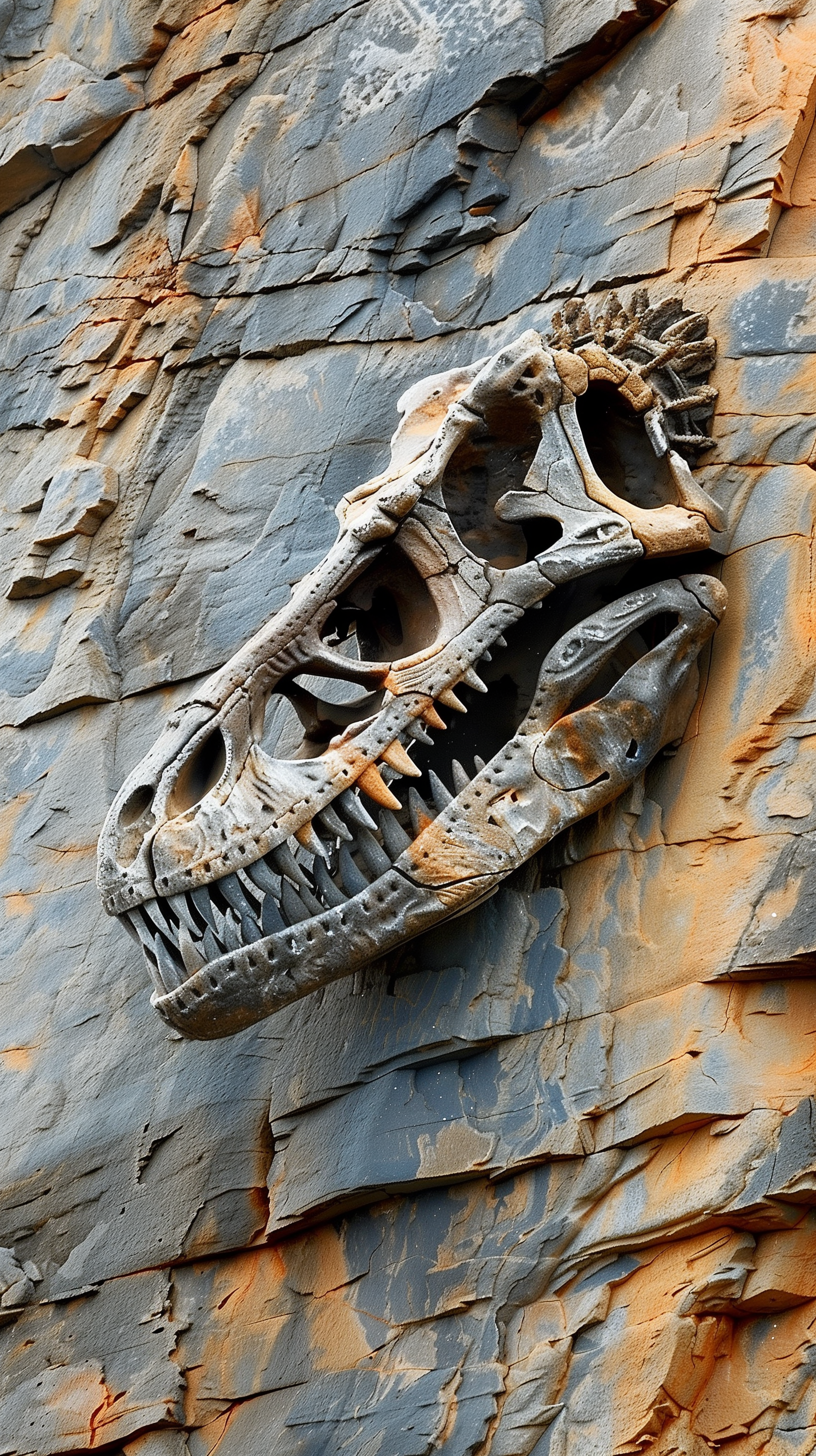 Dinosaur fossil wallpaper showcasing a detailed Tyrannosaurus Rex skull embedded in a textured rock surface for mobile phones.
