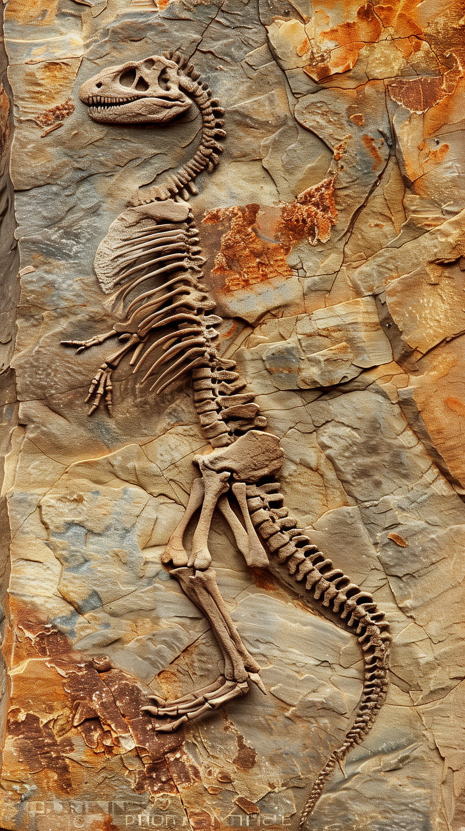 A detailed fossil skeleton embedded in textured stone, showcasing prehistoric life, designed as a striking phone wallpaper.