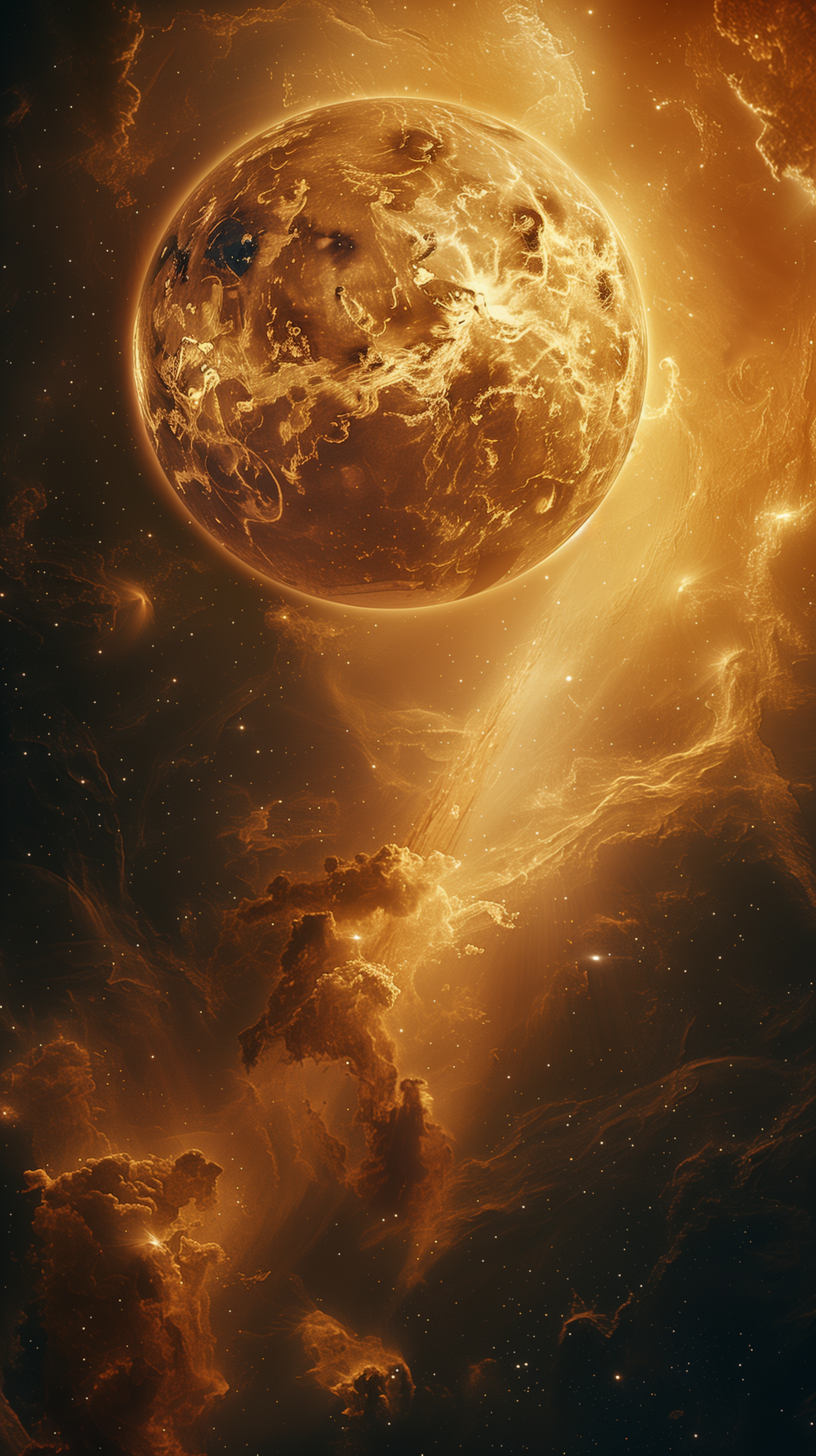 Artistic phone wallpaper depicting planet Venus with a glowing orange and yellow nebula background.