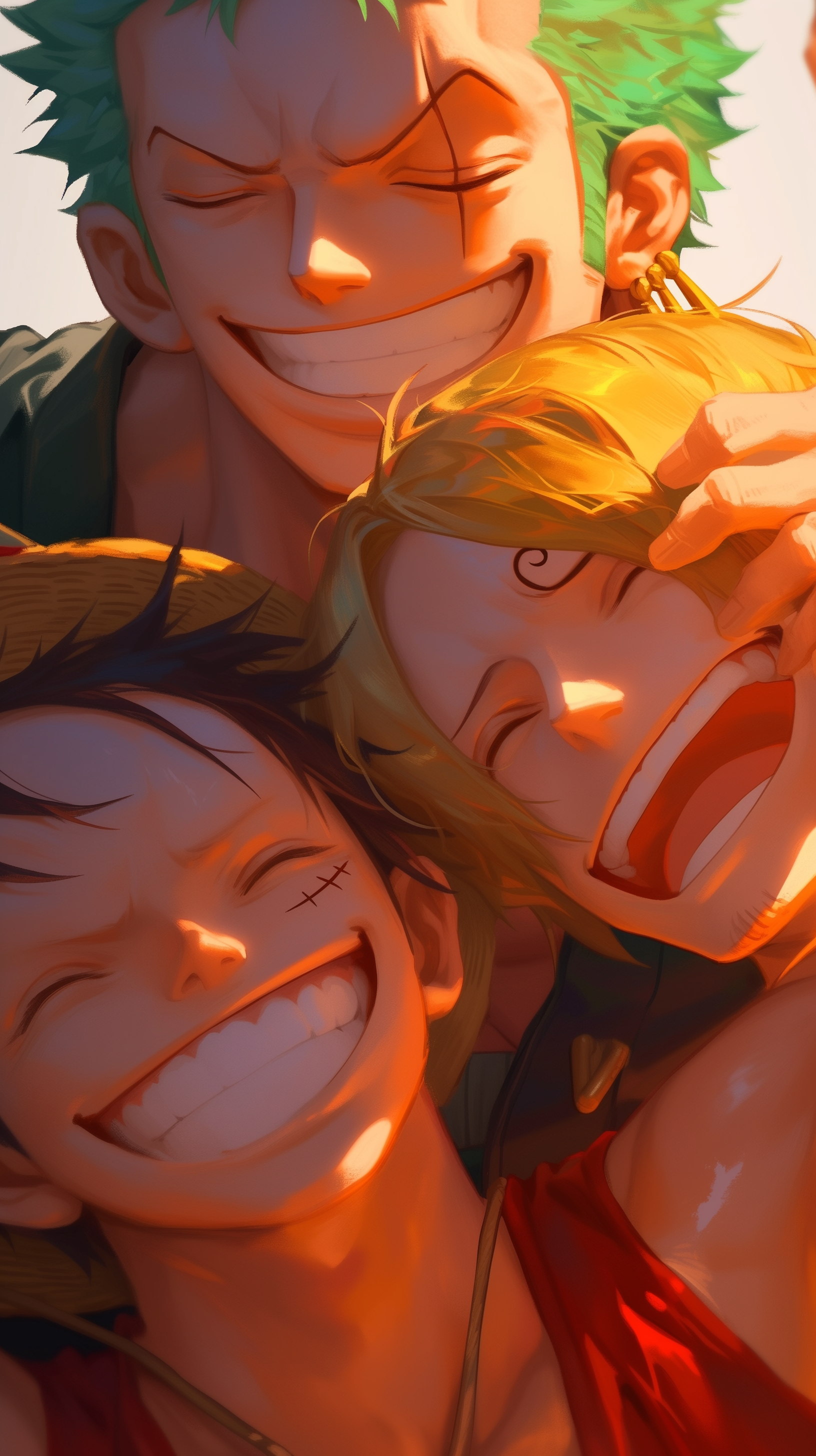 One Piece anime phone wallpaper featuring the smiling faces of Monkey D. Luffy, Sanji, and Roronoa Zoro, known as the Monster Trio.