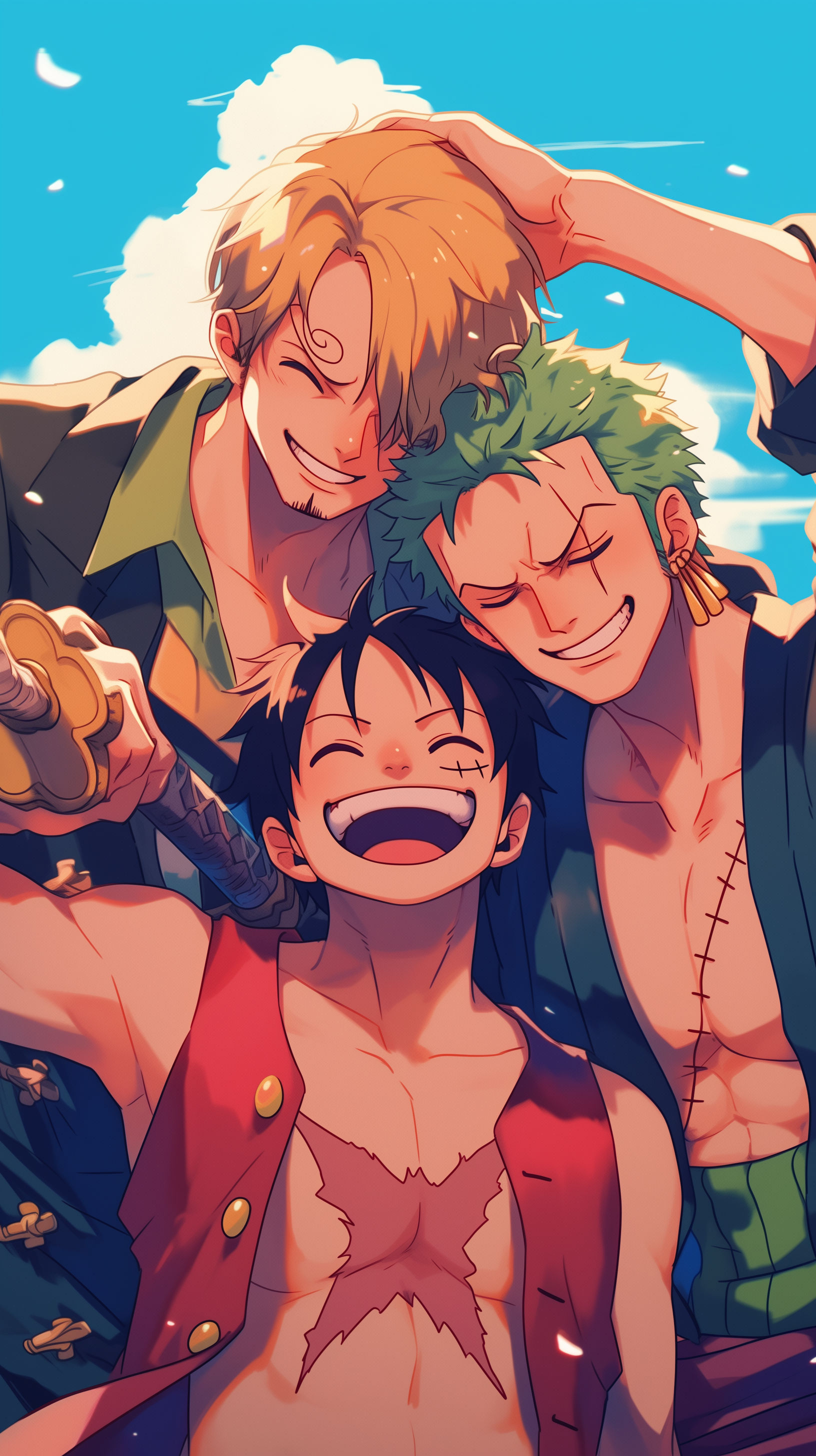 Vibrant One Piece phone wallpaper featuring the smiling Monster Trio - Monkey D. Luffy, Sanji, and Roronoa Zoro against a sunny blue sky backdrop.