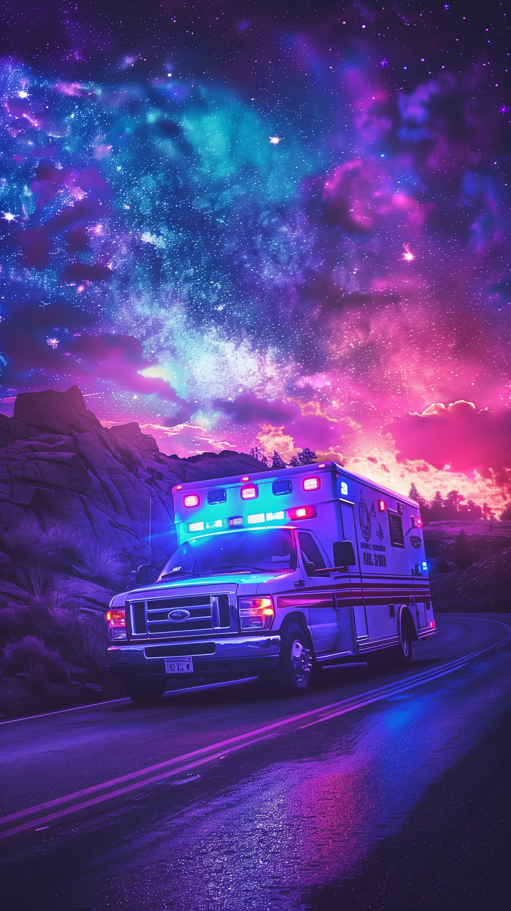 A vibrant phone wallpaper featuring an ambulance with flashing lights, set against a stunning cosmic backdrop of purples and blues, enhancing its dramatic presence.