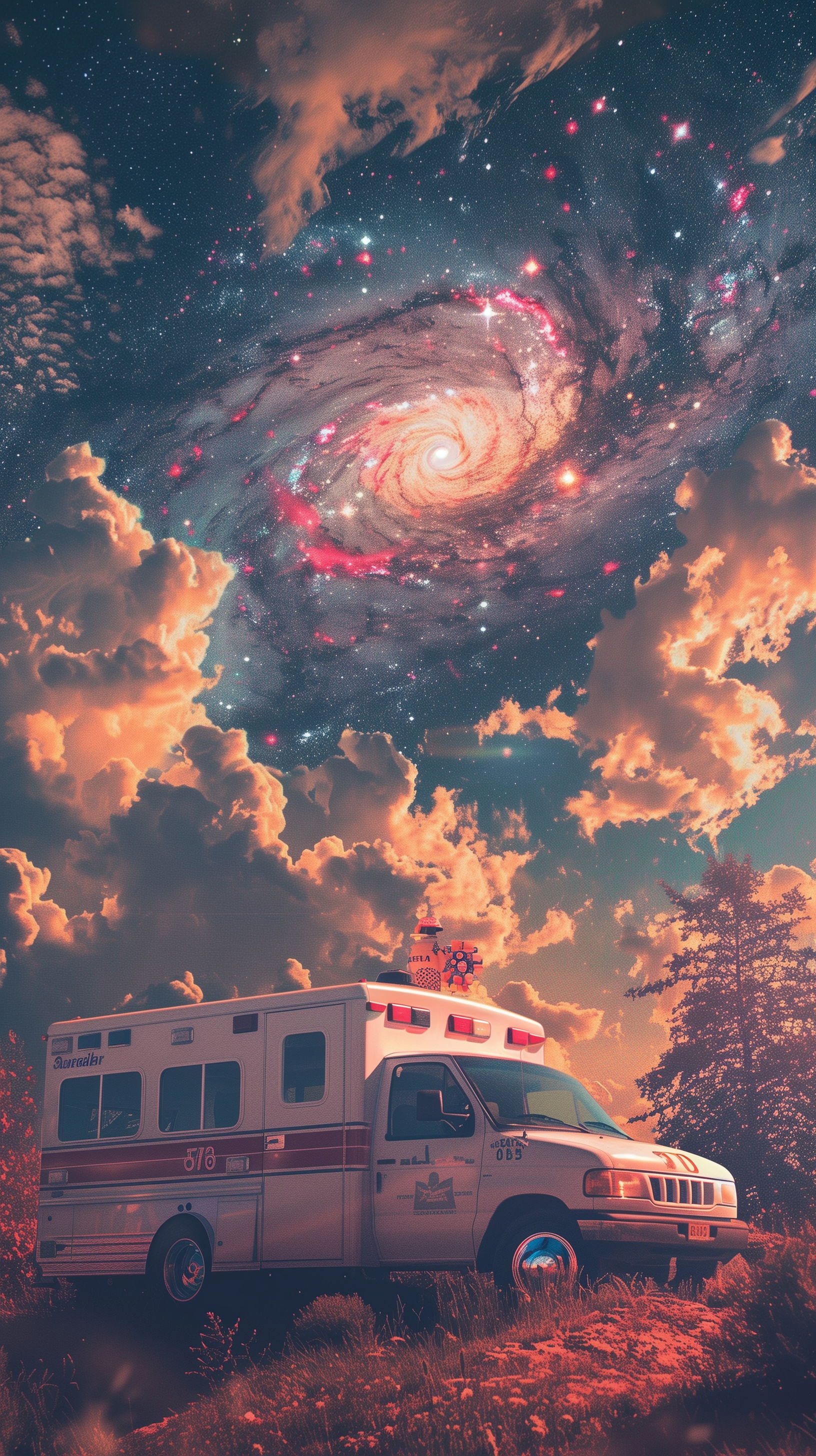 Ambulance under starry galaxy sky phone wallpaper