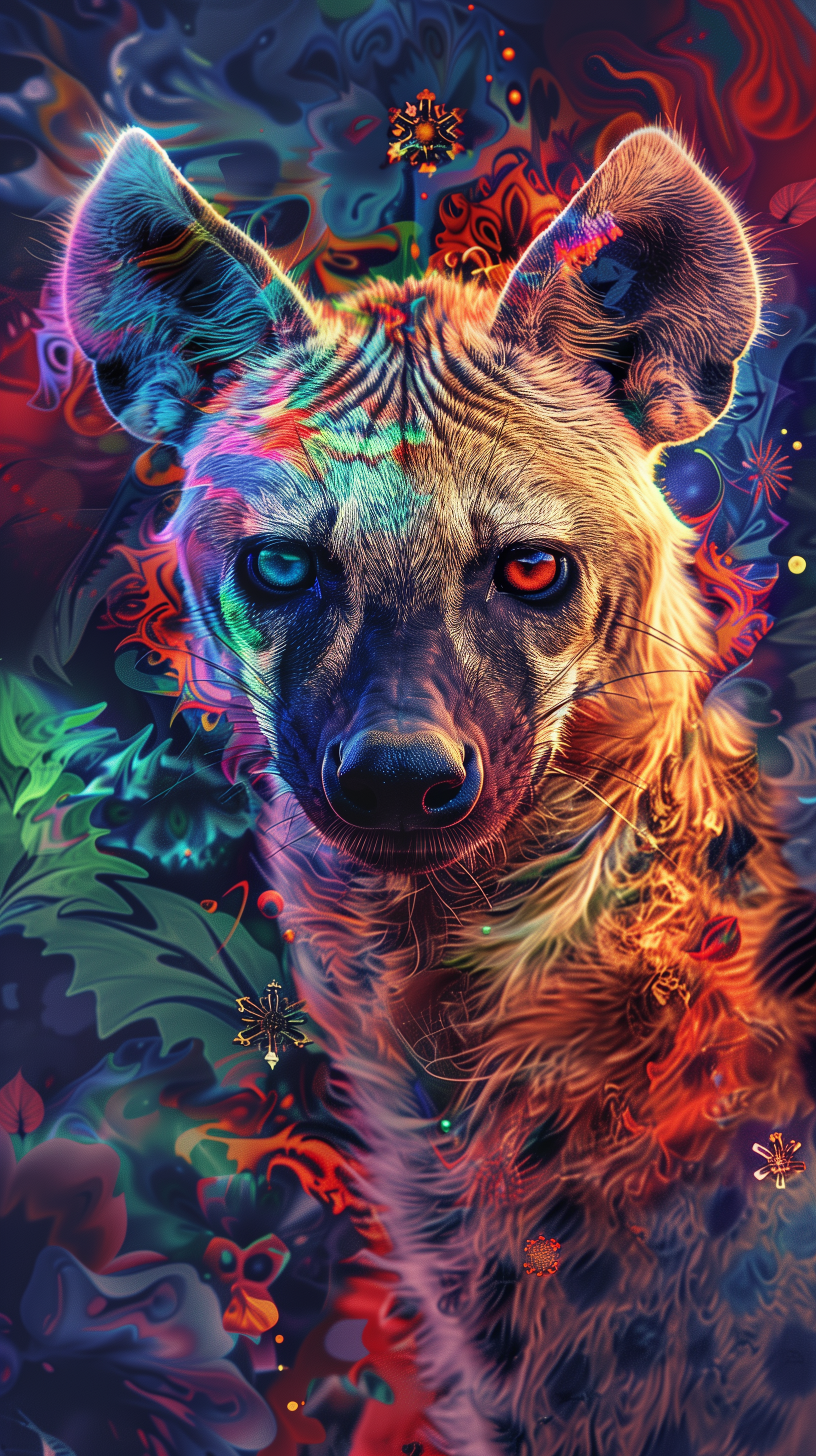 A vibrant and artistic phone wallpaper featuring a striking hyena with colorful, swirling patterns and a captivating gaze, merging wild beauty with creativity.