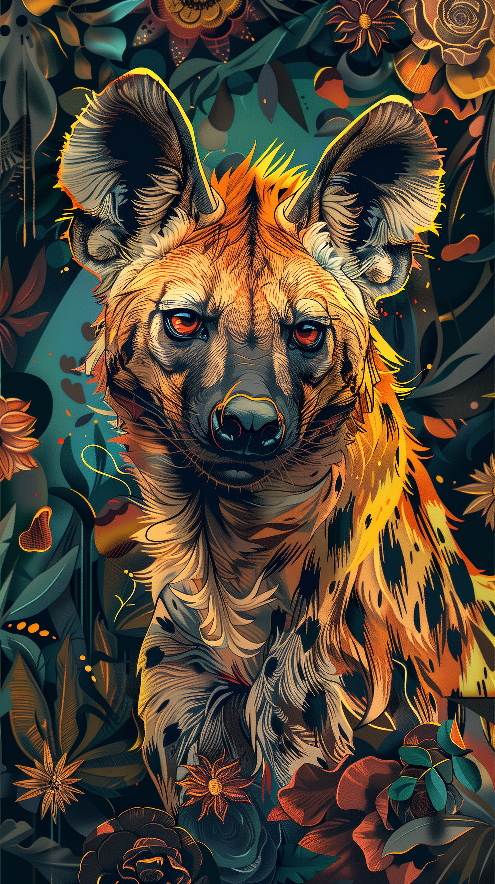 A vibrant illustration of a hyena with striking features, surrounded by lush flowers and foliage, designed as a captivating phone wallpaper.