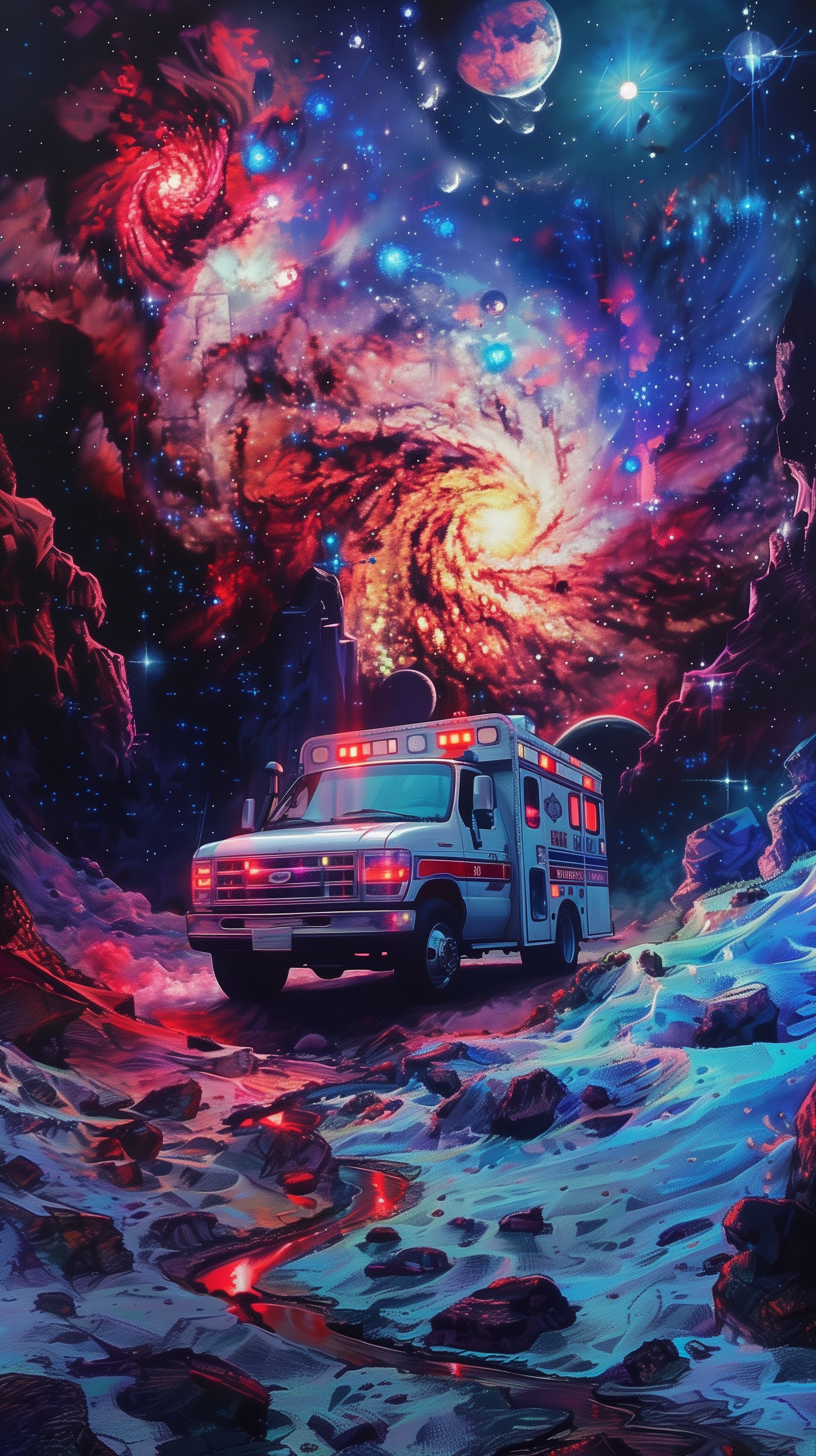 Stylized ambulance in a cosmic galaxy setting phone wallpaper.