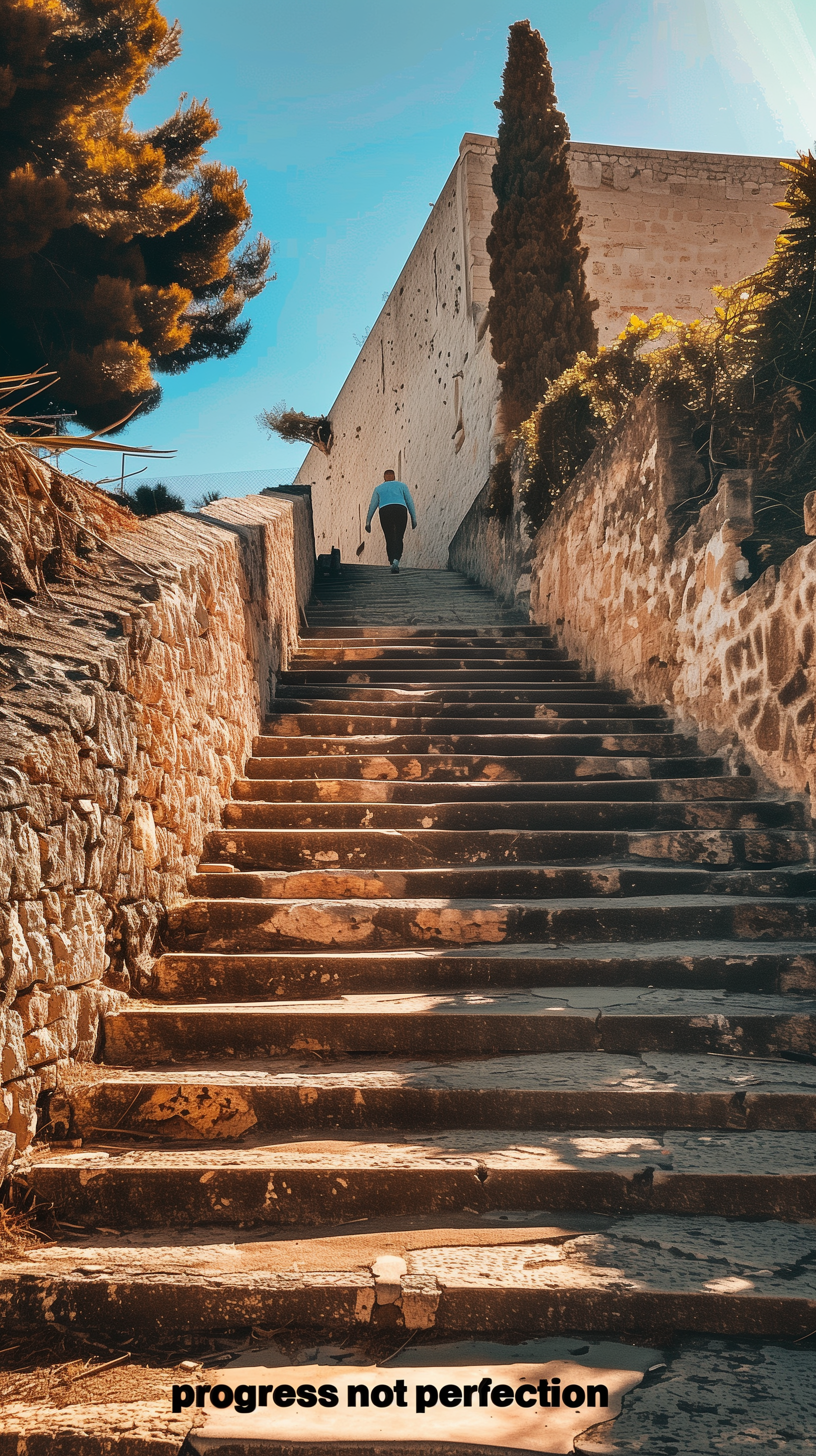 Motivational phone wallpaper featuring a person ascending sunlit ancient stone steps with the inspirational quote progress not perfection at the bottom.